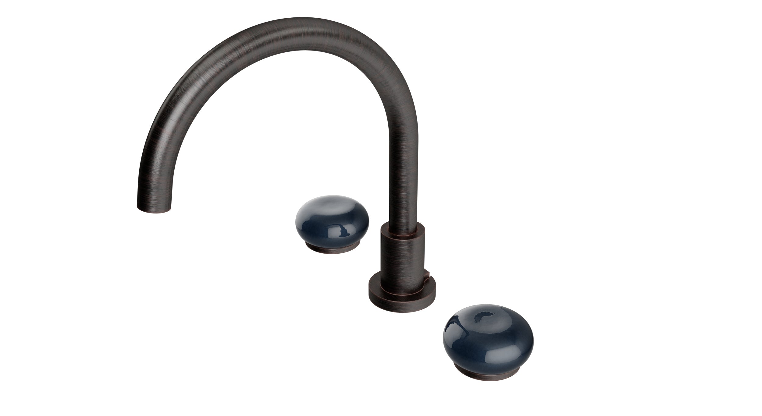 Foundry Two Handle Deck Mount Gooseneck Bath Trim with Pebble Ceramic Knob Handles in Antique Bronze