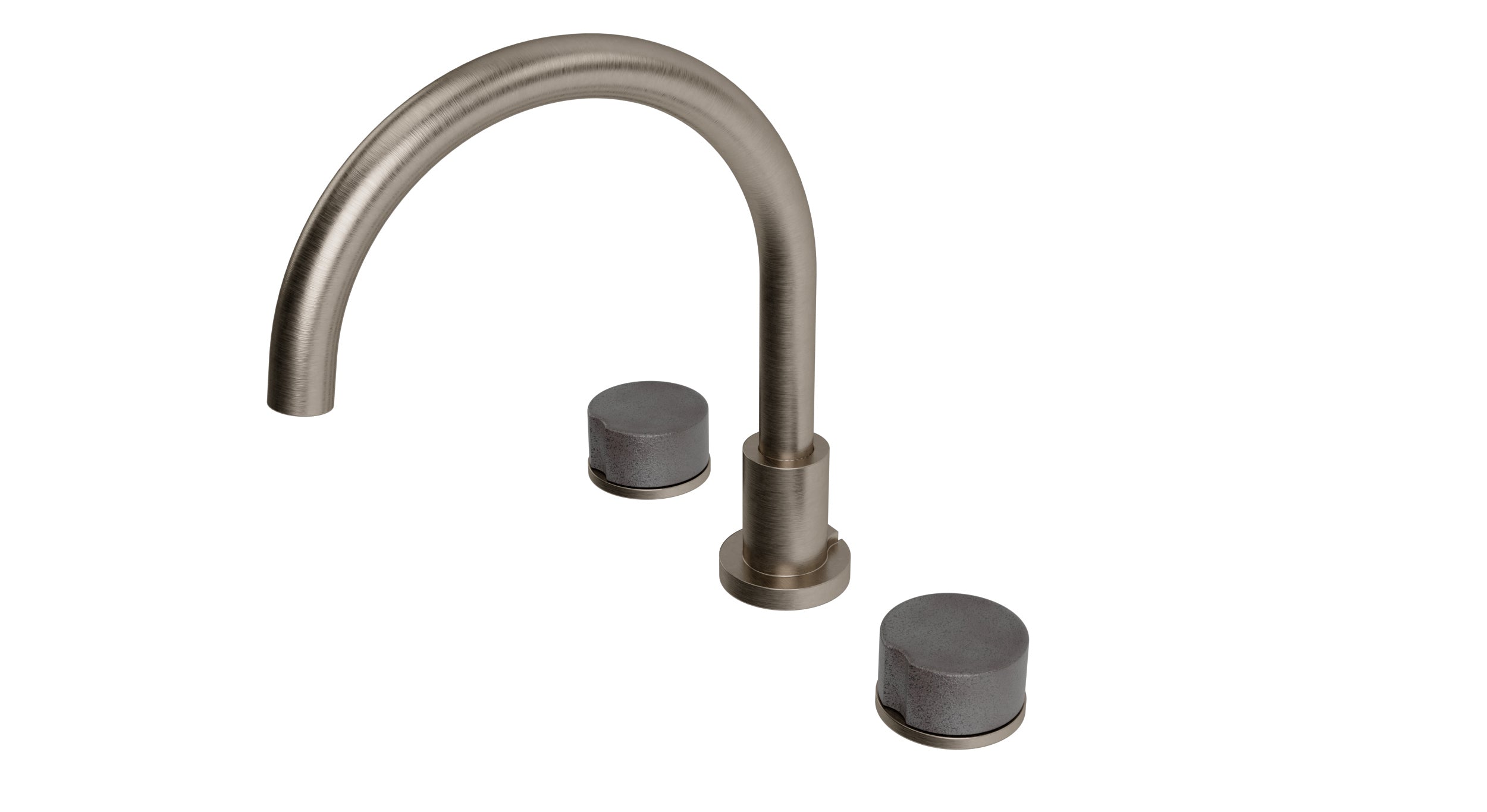 Foundry Two Handle Deck Mount Gooseneck Bath Trim with Groove Ceramic Knob Handles in Antique Nickel