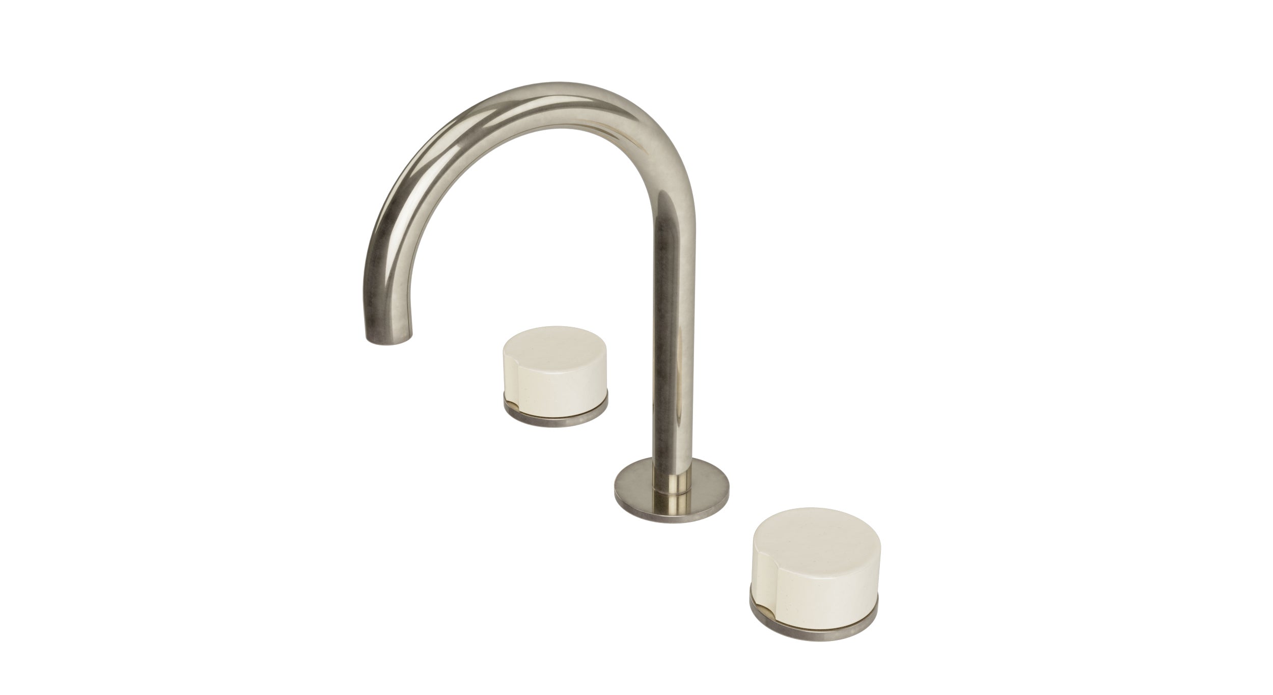 Foundry Two Handle Deck Mount Gooseneck Lavatory Faucet with Groove Ceramic Knob Handles in French Nickel
