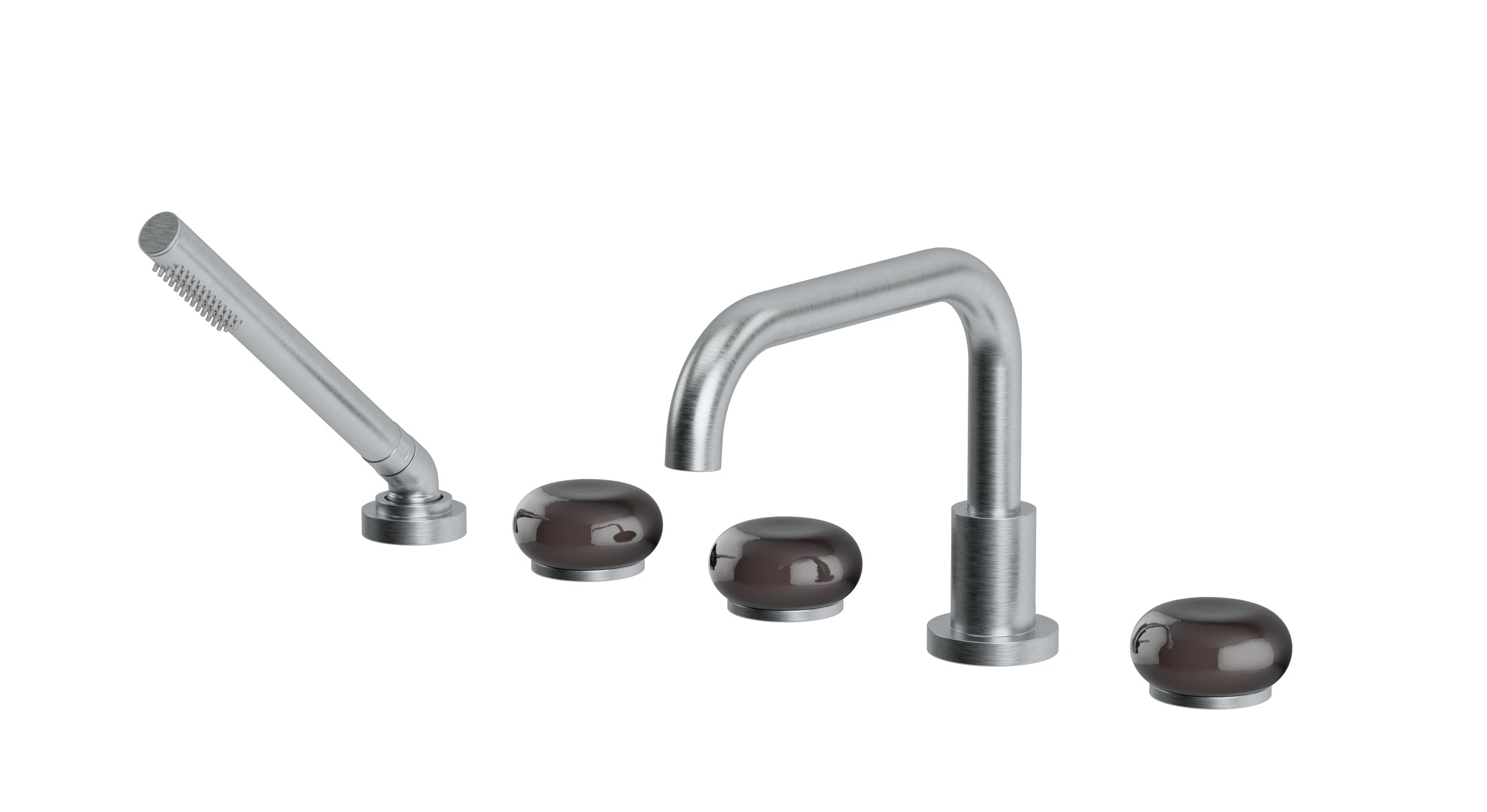 Foundry Three Handle Deck Mount Squaretop Bath Trim with Hand Shower and Pebble Ceramic Knob Handles in Satin Chrome