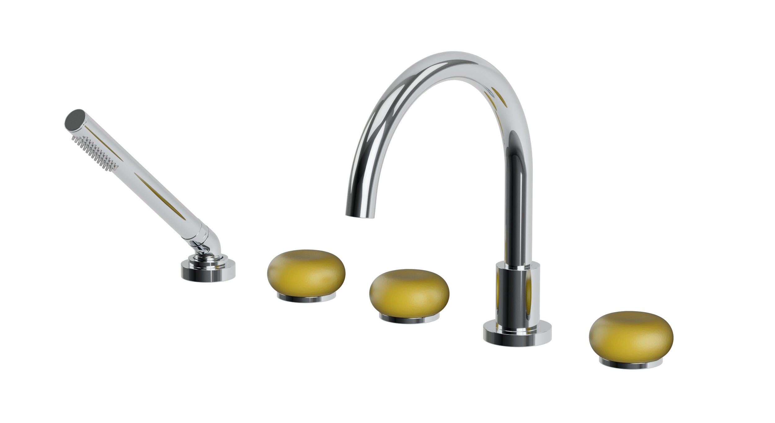 Foundry Three Handle Deck Mount Gooseneck Bath Trim with Hand Shower and Pebble Ceramic Knob Handles in Polished Chrome