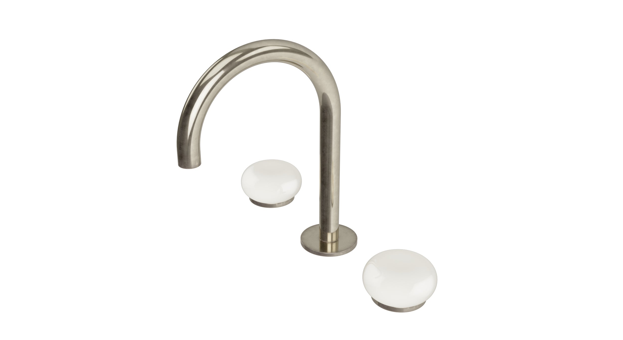 Foundry Two Handle Deck Mount Gooseneck Lavatory Faucet with Pebble Ceramic Knob Handles in French Nickel