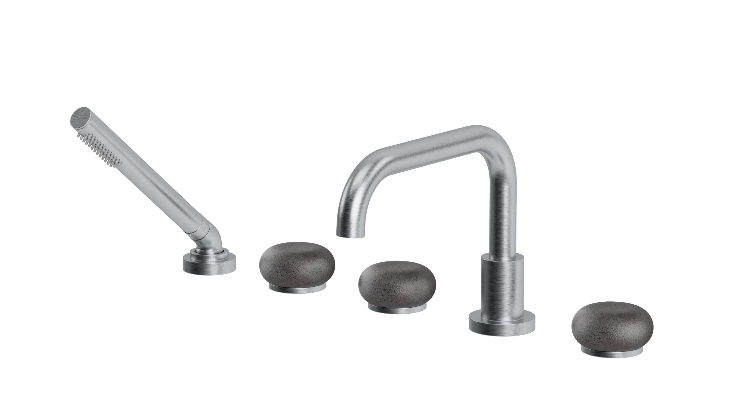 Foundry Three Handle Deck Mount Squaretop Bath Trim with Hand Shower and Pebble Ceramic Knob Handles in Satin Chrome