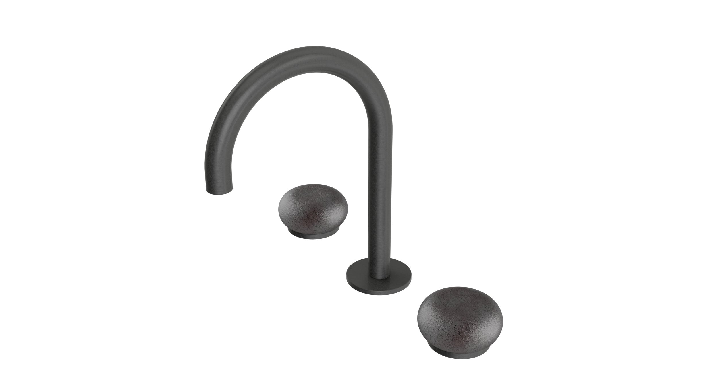 Foundry Two Handle Deck Mount Gooseneck Lavatory Faucet with Pebble Ceramic Knob Handles in Blackened Nickel