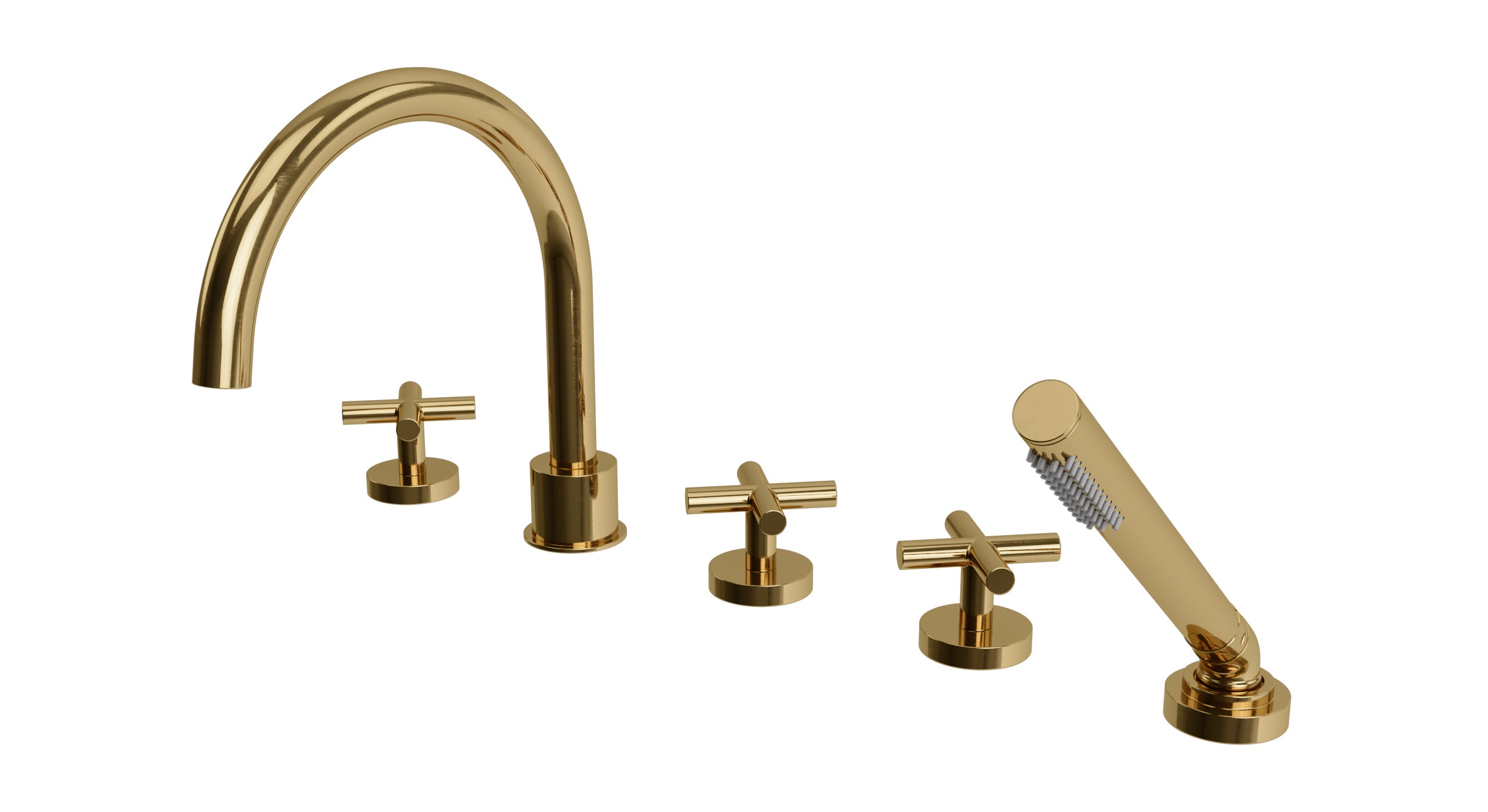 Contour Three Handle Deck Mount Gooseneck Bath Trim with Hand Shower and Soft Cross Handles in Uncoated Polished Brass