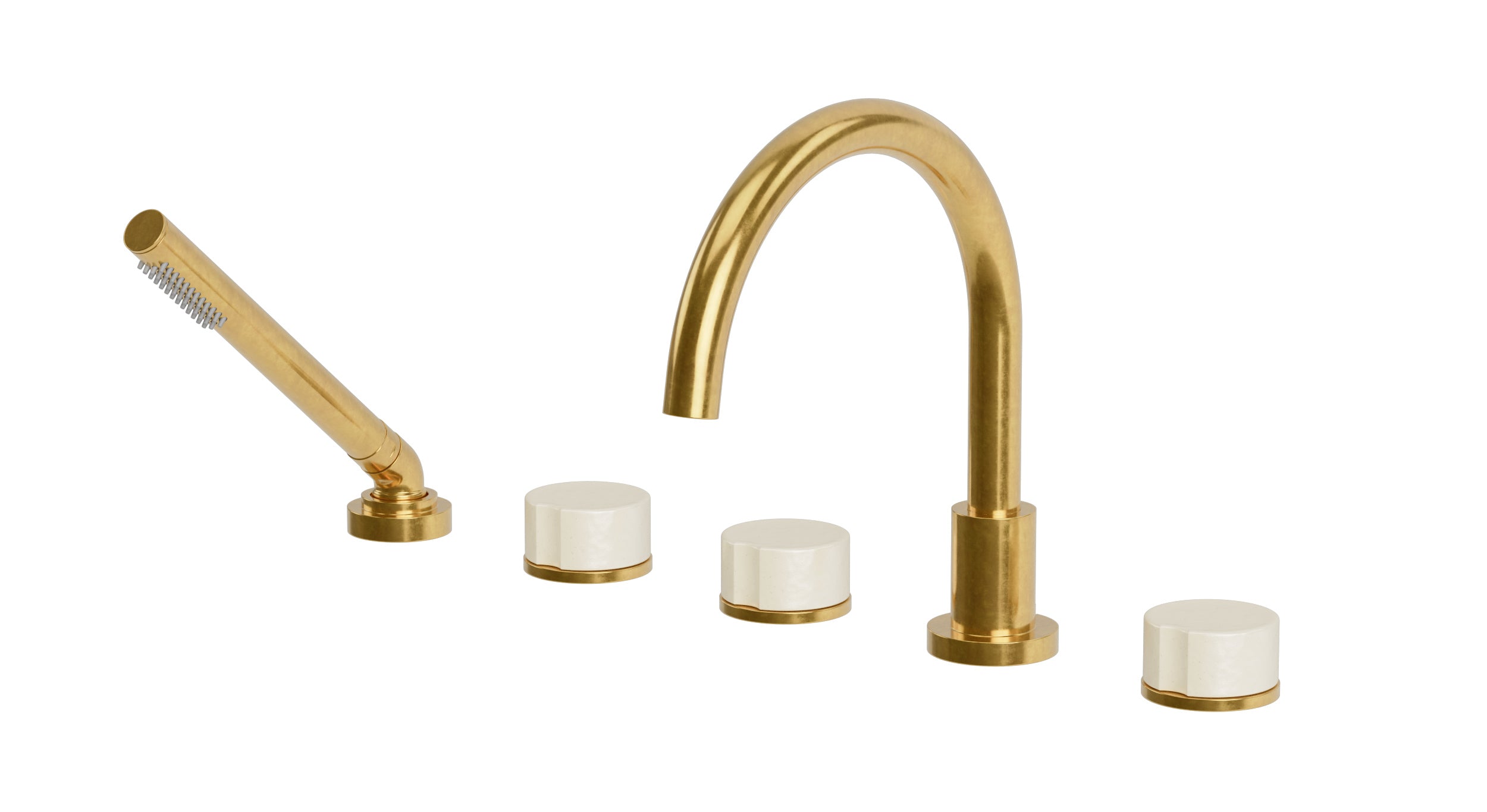 Foundry Three Handle Deck Mount Gooseneck Bath Trim with Hand Shower and Groove Ceramic Knob Handles in French Brass