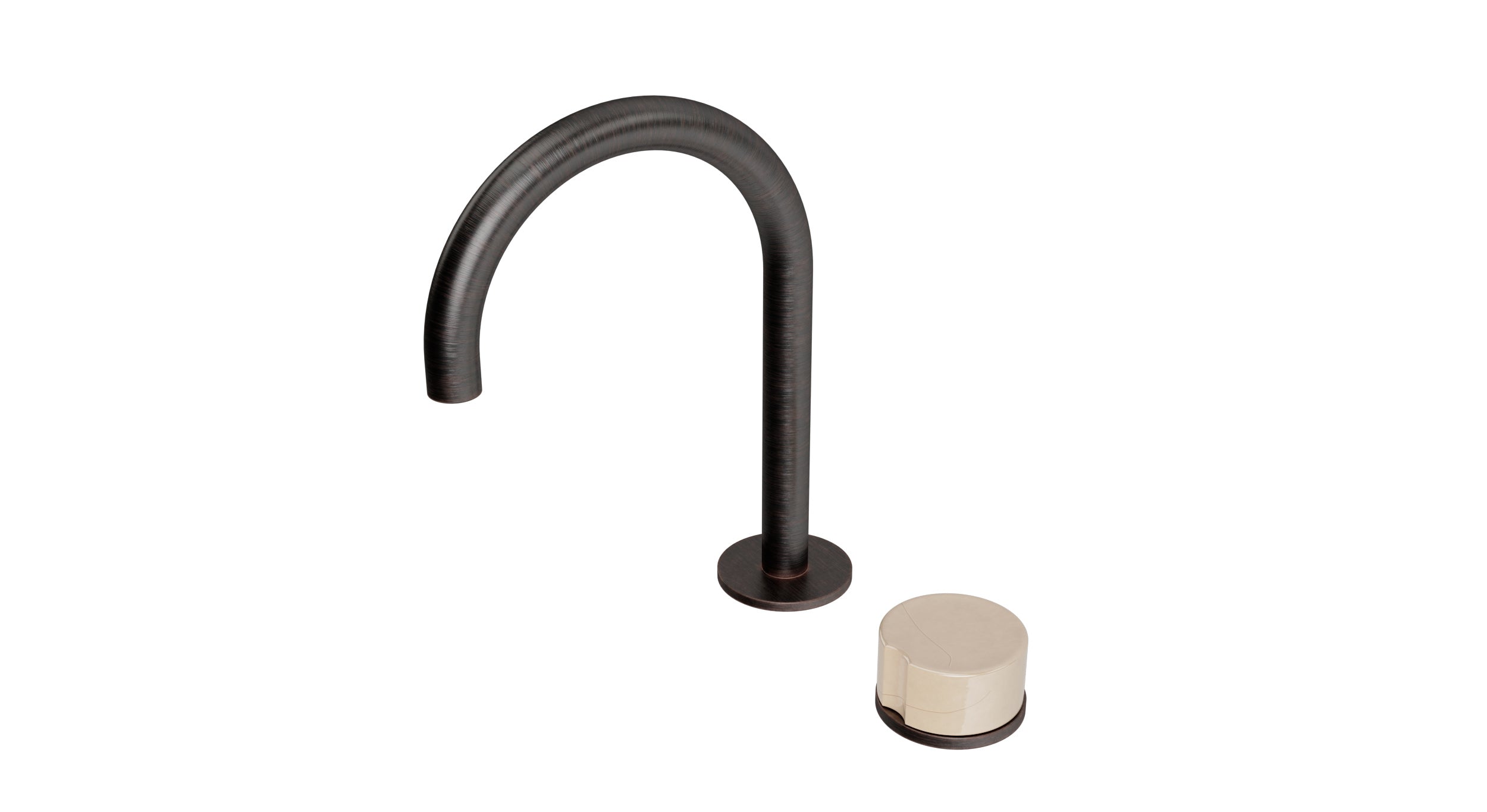 Foundry One Handle Deck Mount Gooseneck Lavatory Faucet with Groove Ceramic Knob Handle in Antique Bronze