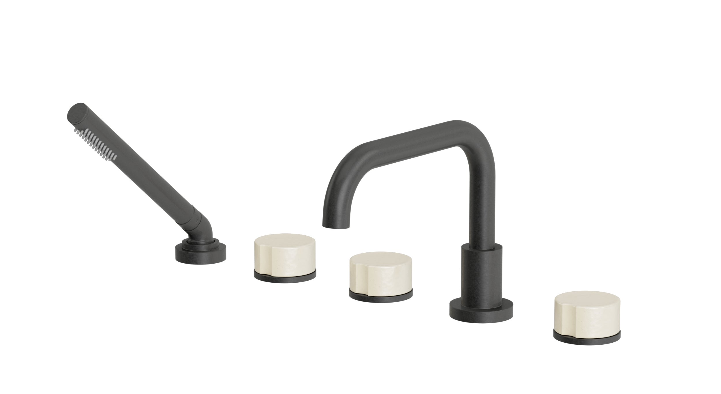 Foundry Three Handle Deck Mount Squaretop Bath Trim with Hand Shower and Groove Ceramic Knob Handles in Blackened Nickel