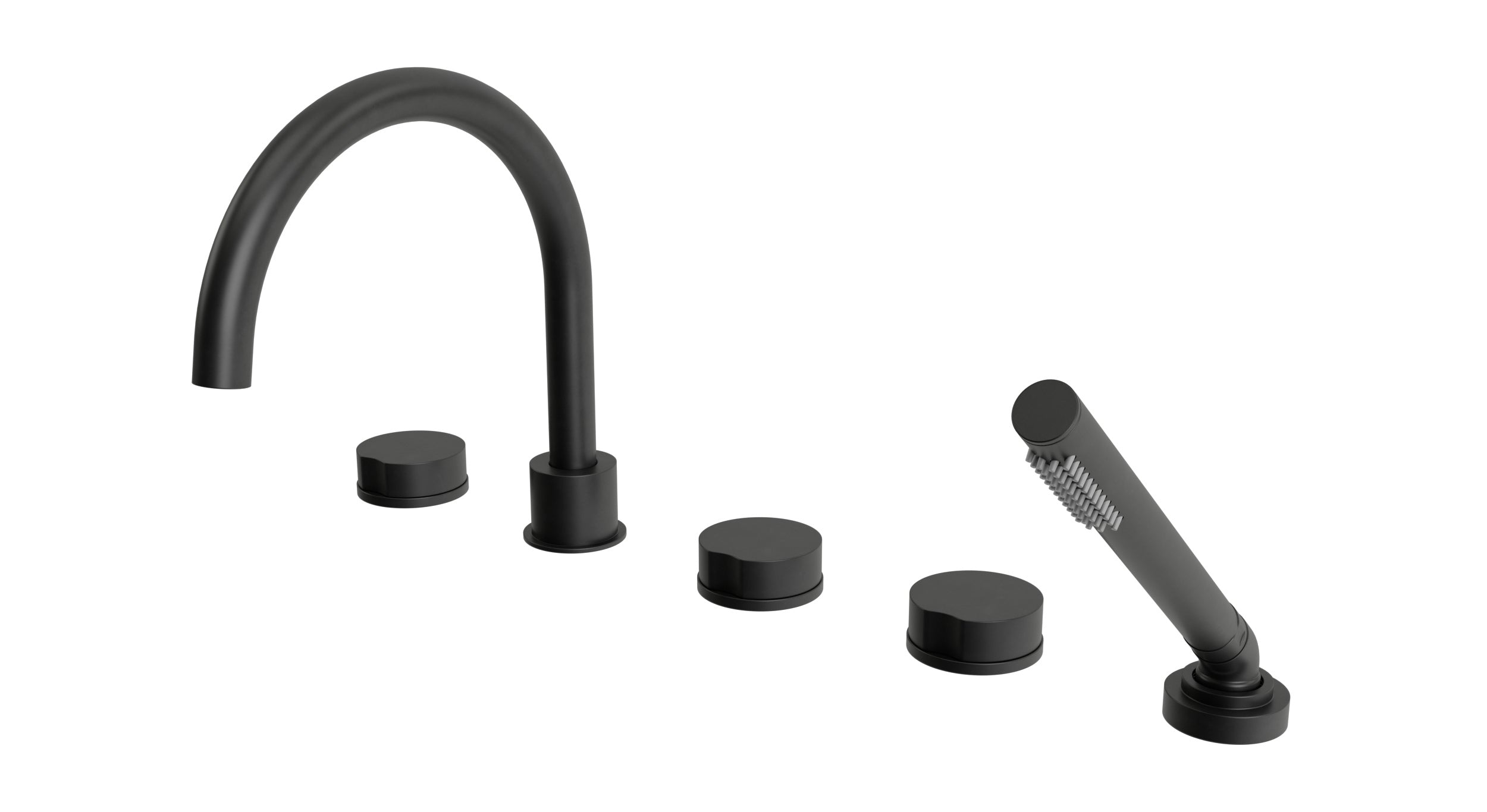 Foundry Three Handle Deck Mount Gooseneck Bath Trim with Hand Shower and Circle Knob Handles in Oil Rubbed Bronze