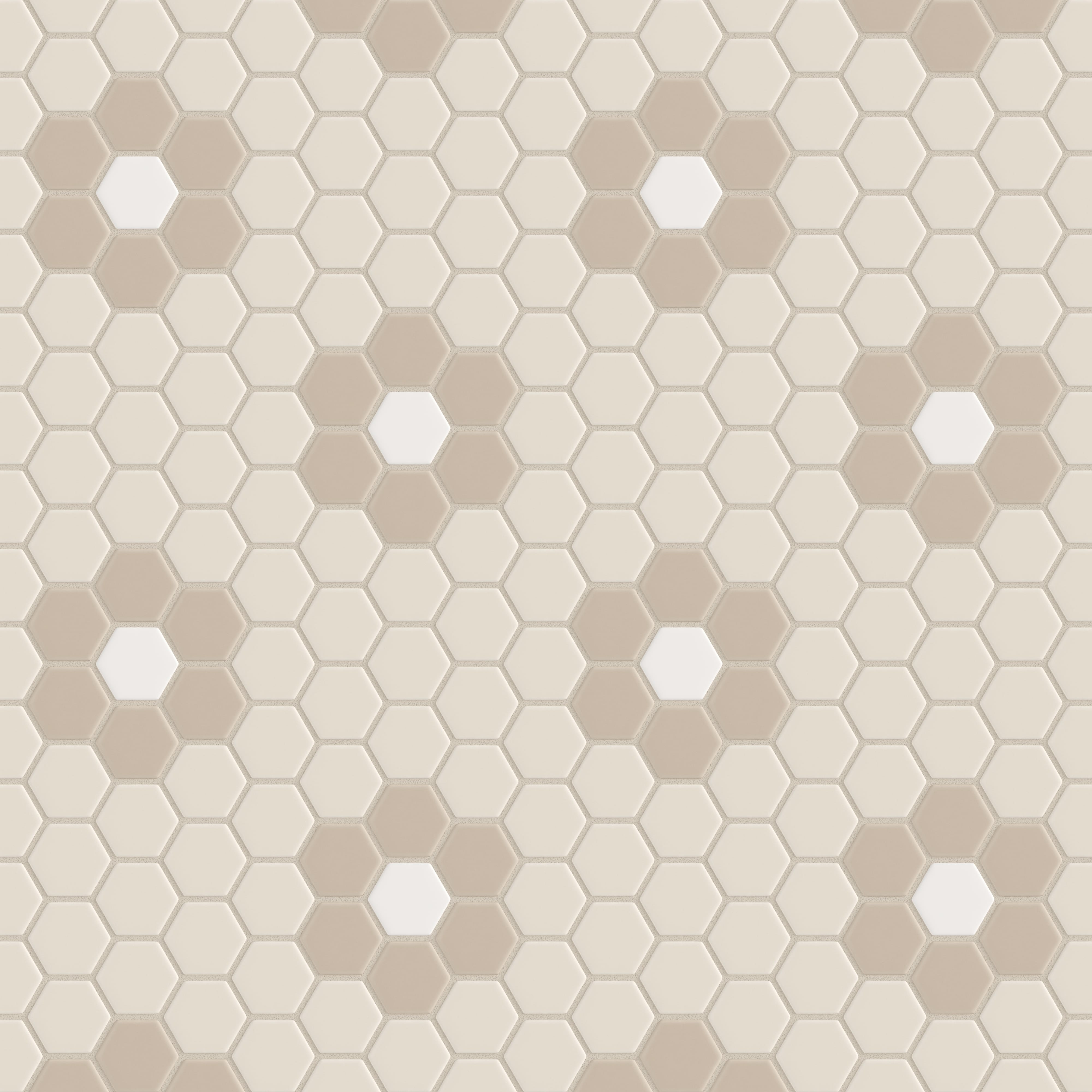 2" Hexagon Double Daisy Sheeted Original Ceramic Tile in Sand Dune Matte, Sweet Pea Matte & Calcite Matte