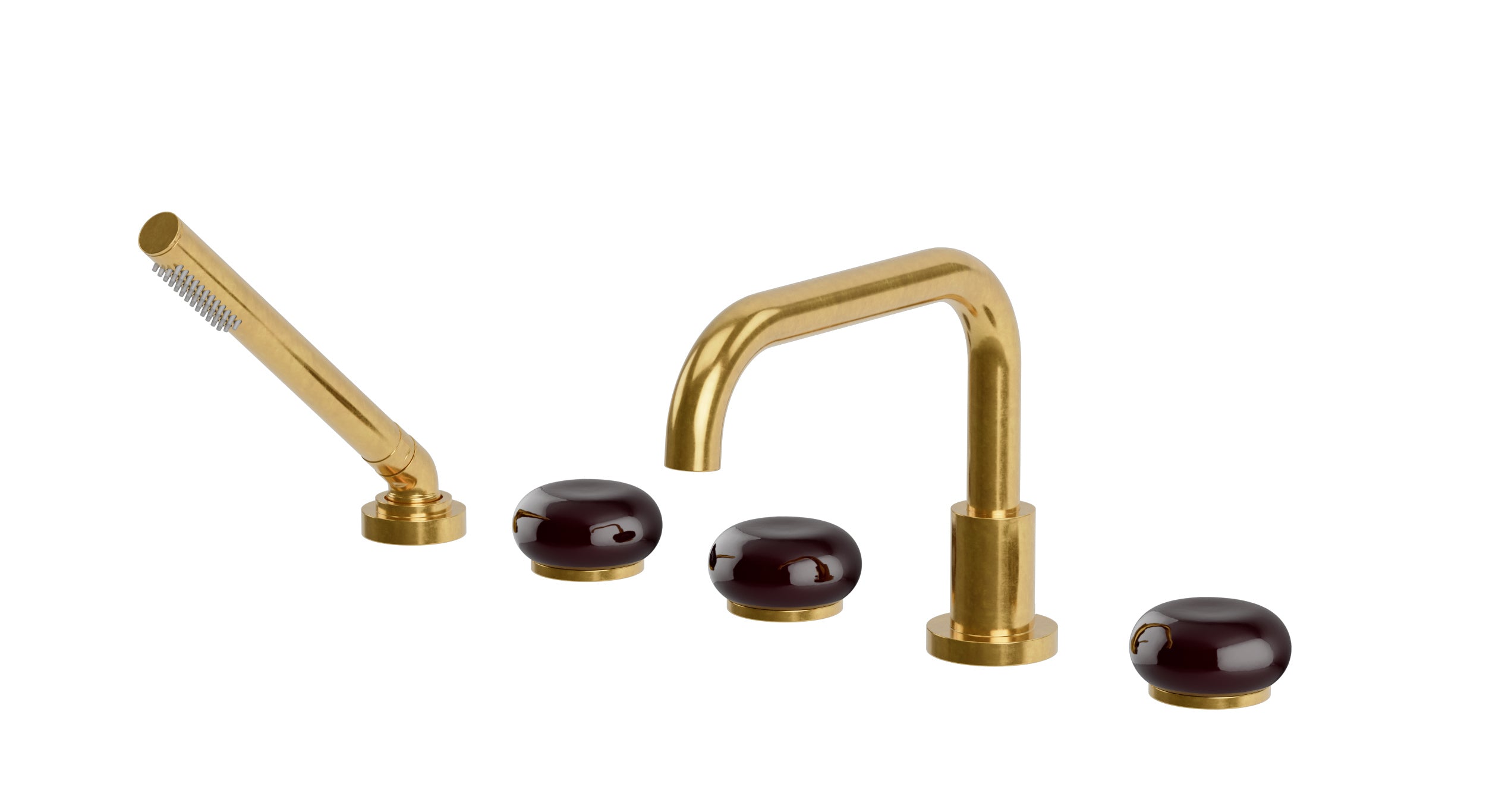 Foundry Three Handle Deck Mount Squaretop Bath Trim with Hand Shower and Pebble Ceramic Knob Handles in French Brass