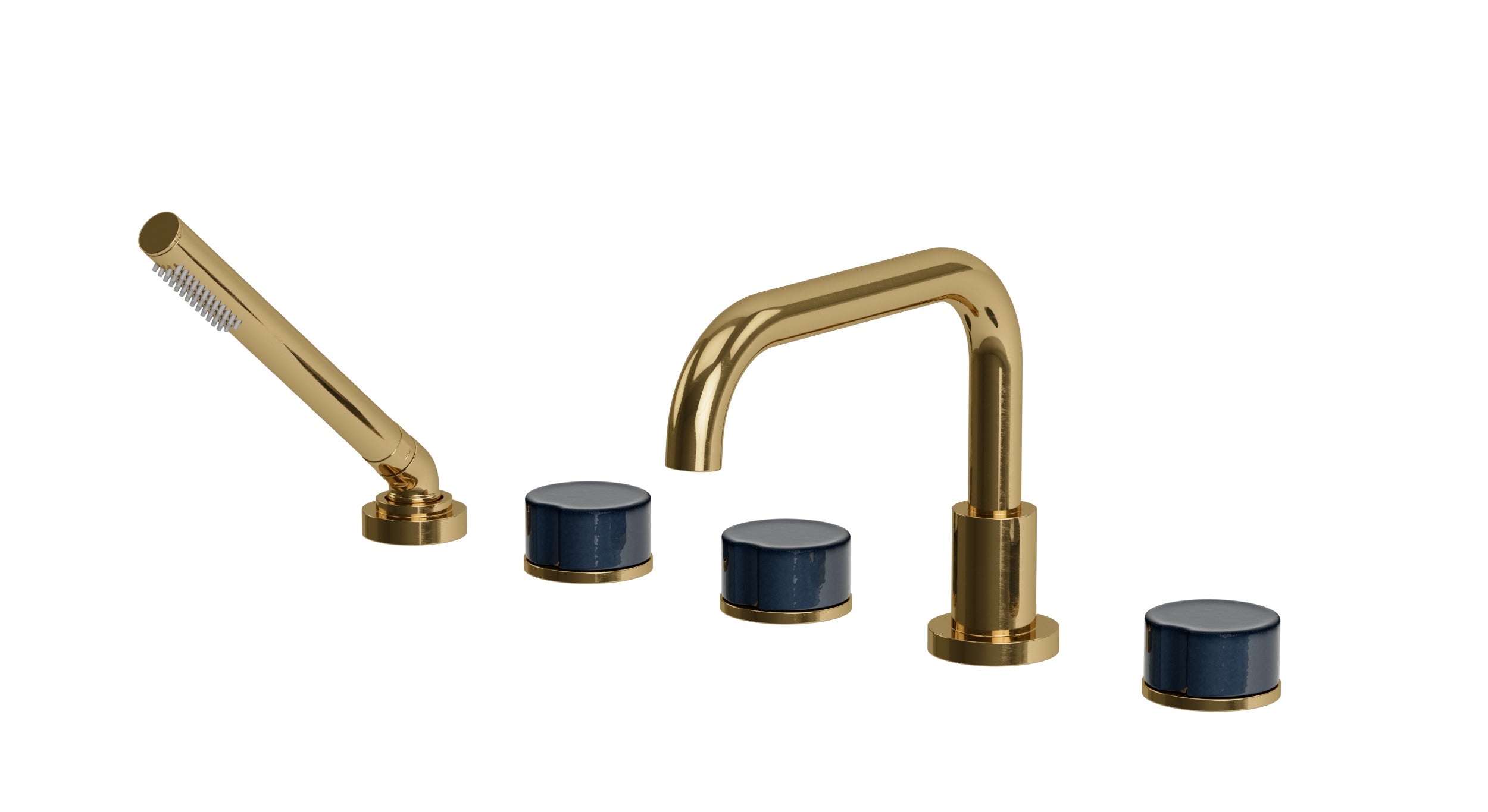 Foundry Three Handle Deck Mount Squaretop Bath Trim with Hand Shower and Groove Ceramic Knob Handles in Uncoated Polished Brass