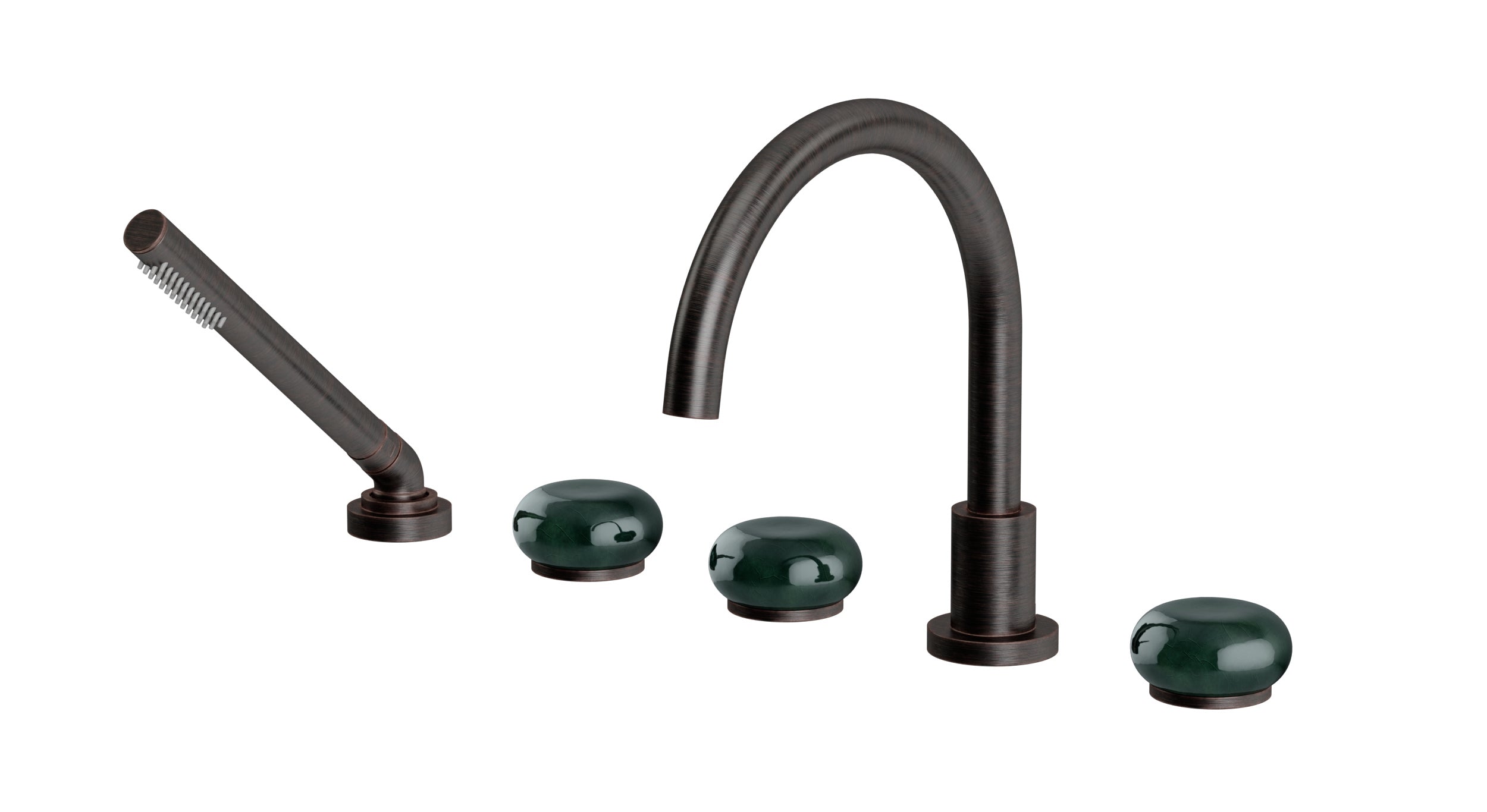 Foundry Three Handle Deck Mount Gooseneck Bath Trim with Hand Shower and Pebble Ceramic Knob Handles in Antique Bronze