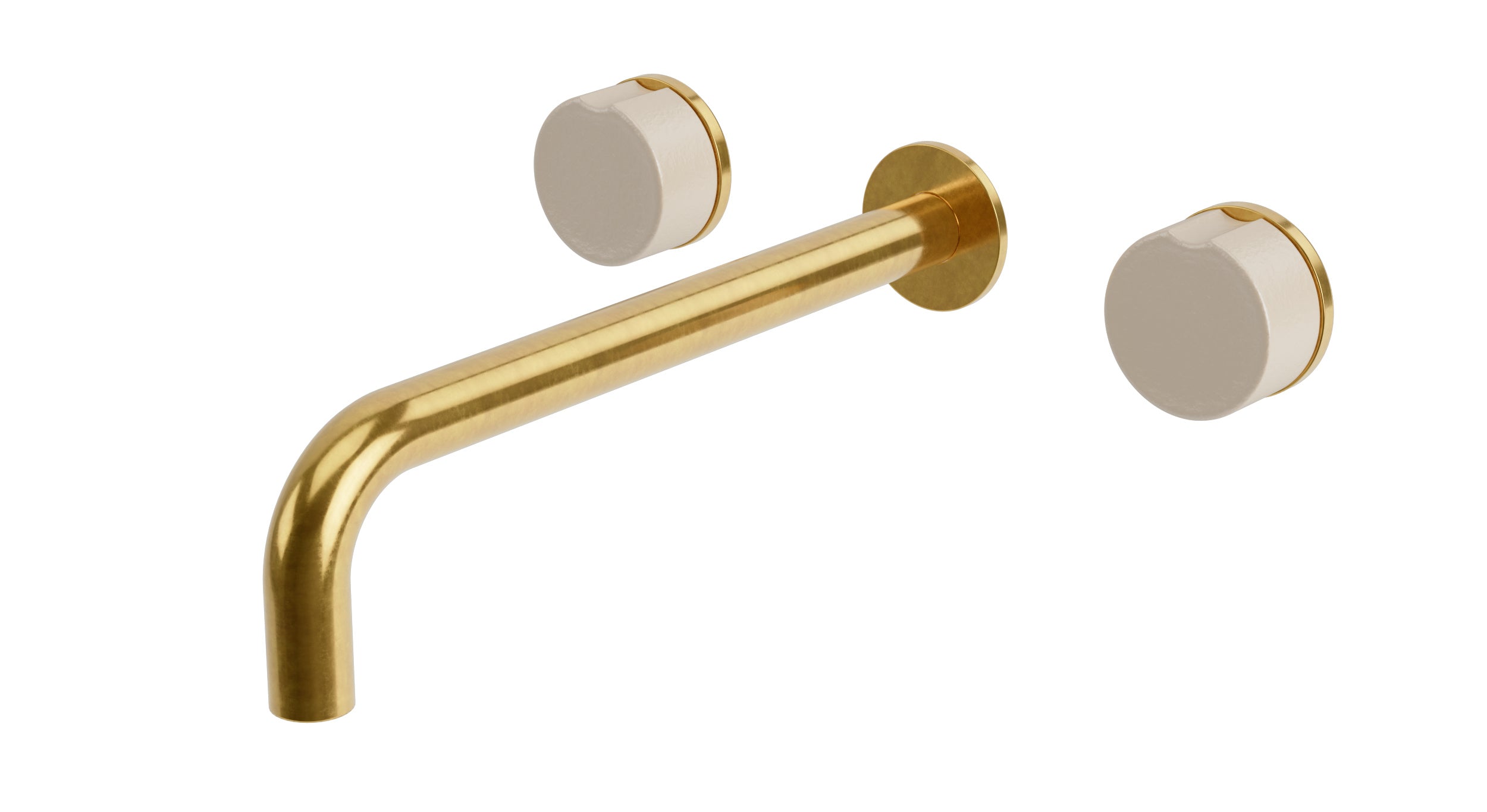 Foundry Two Handle Wall Mount 10" Lavatory Faucet with Groove Ceramic Knob Handles in French Brass