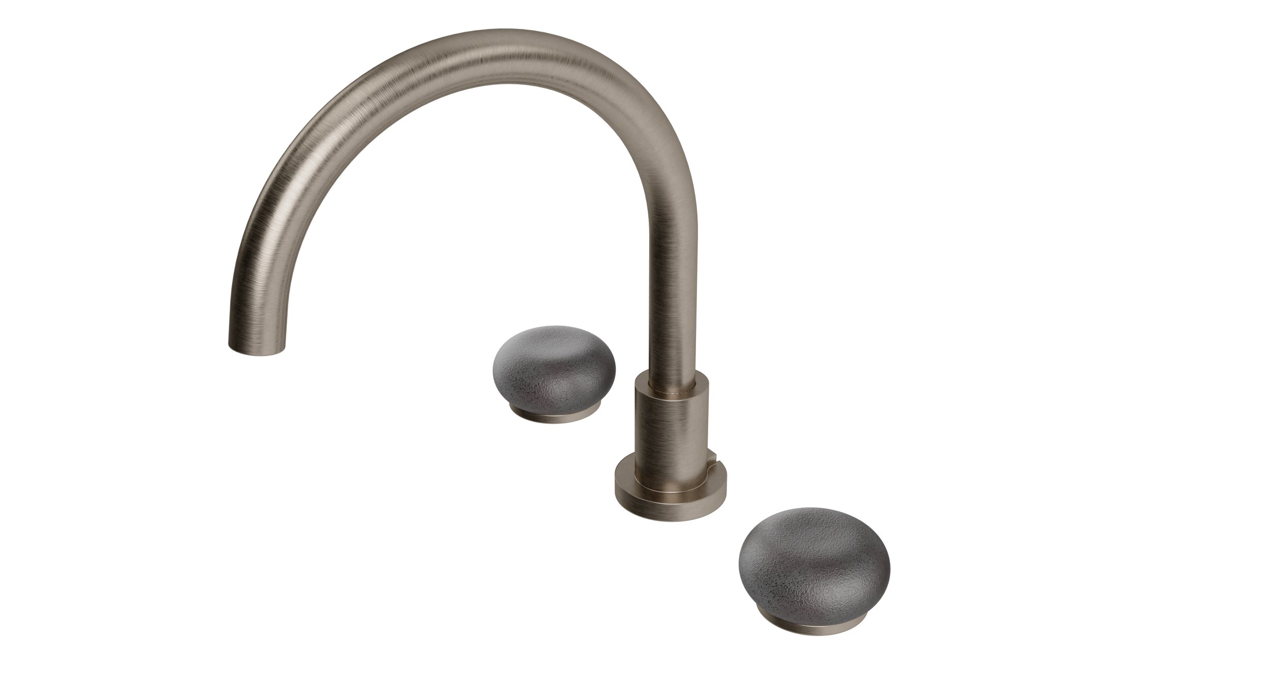 Foundry Two Handle Deck Mount Gooseneck Bath Trim with Pebble Ceramic Knob Handles in Antique Nickel