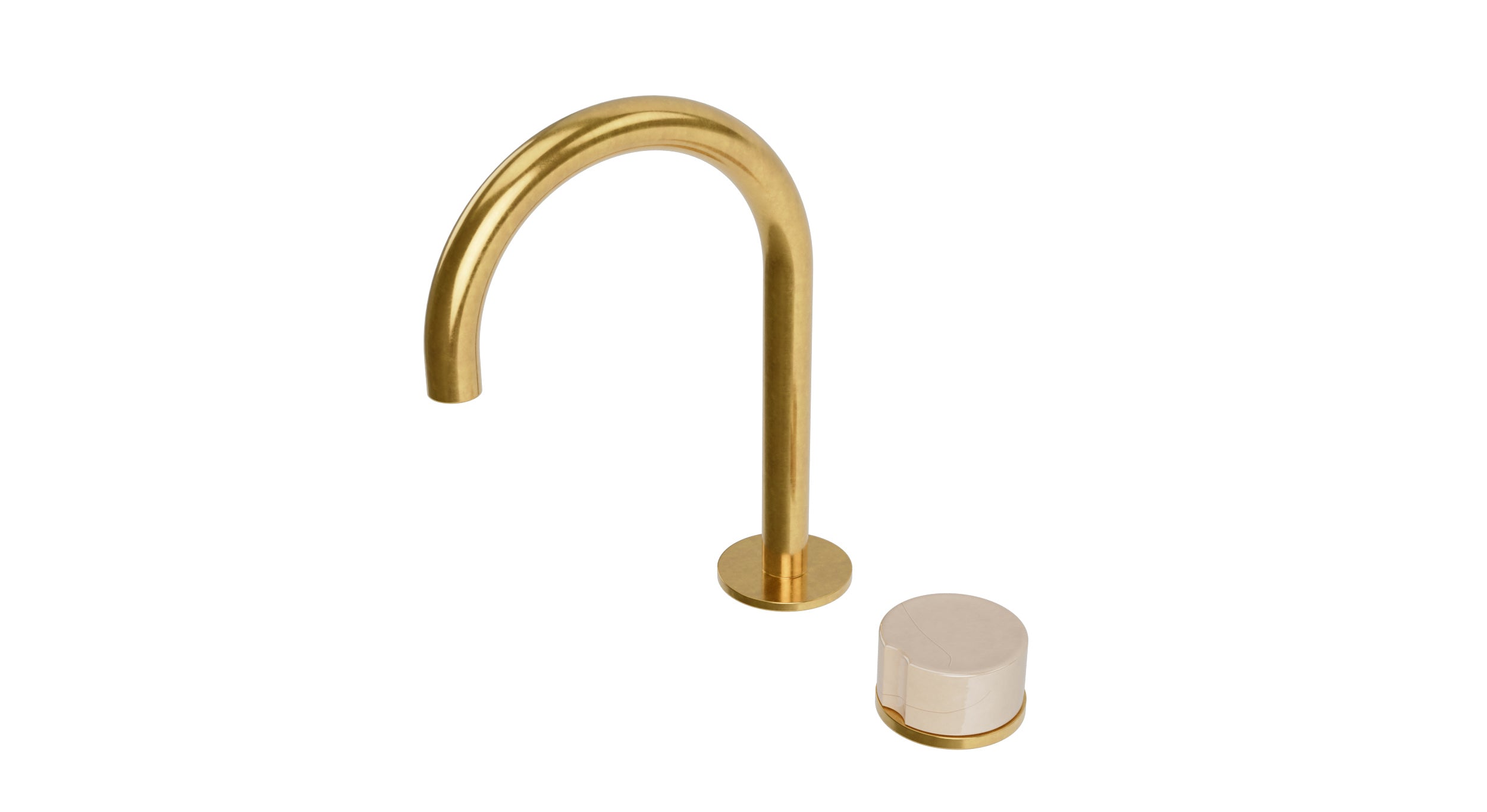 Foundry One Handle Deck Mount Gooseneck Lavatory Faucet with Groove Ceramic Knob Handle in French Brass