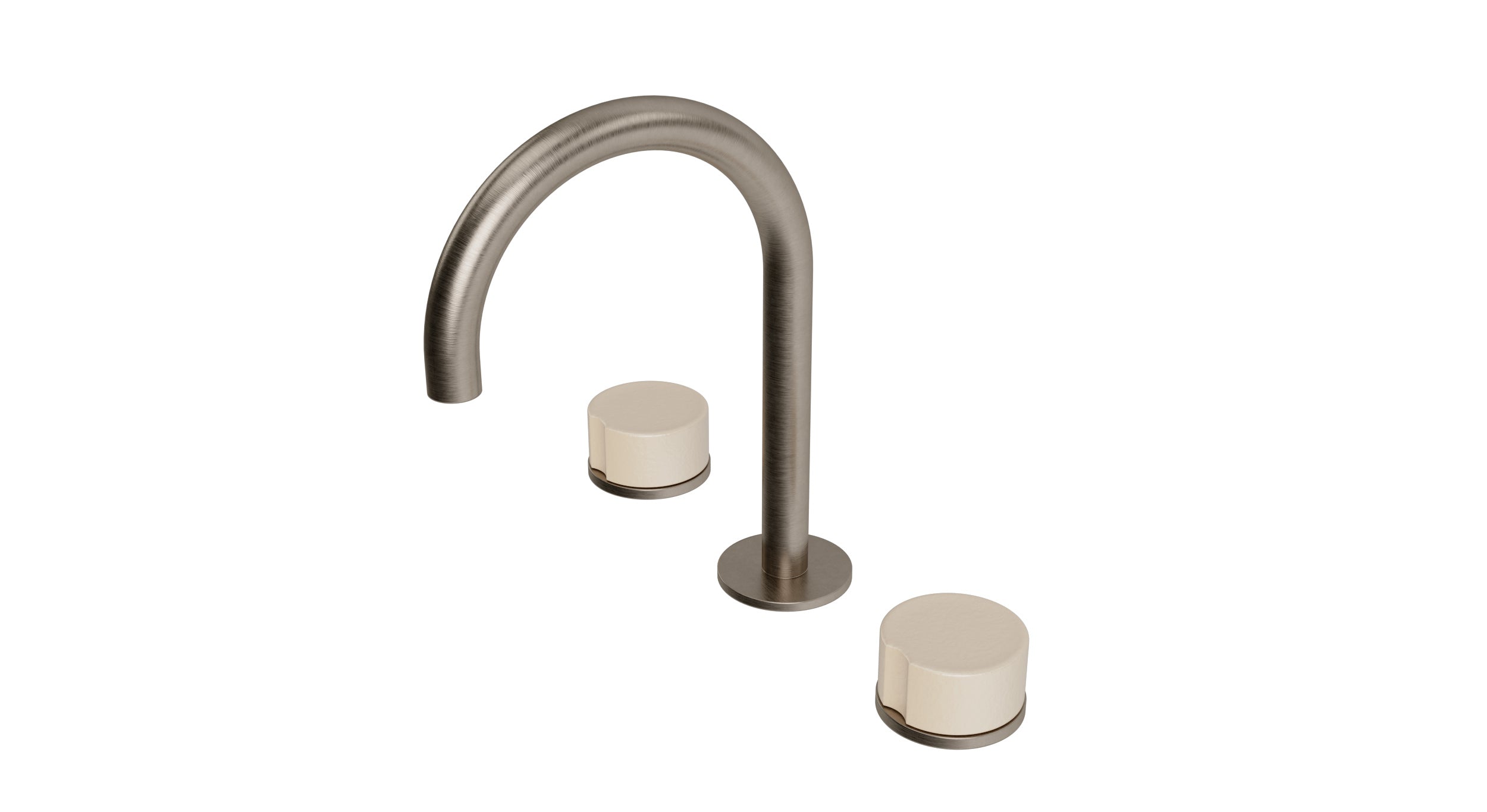 Foundry Two Handle Deck Mount Gooseneck Lavatory Faucet with Groove Ceramic Knob Handles in Antique Nickel