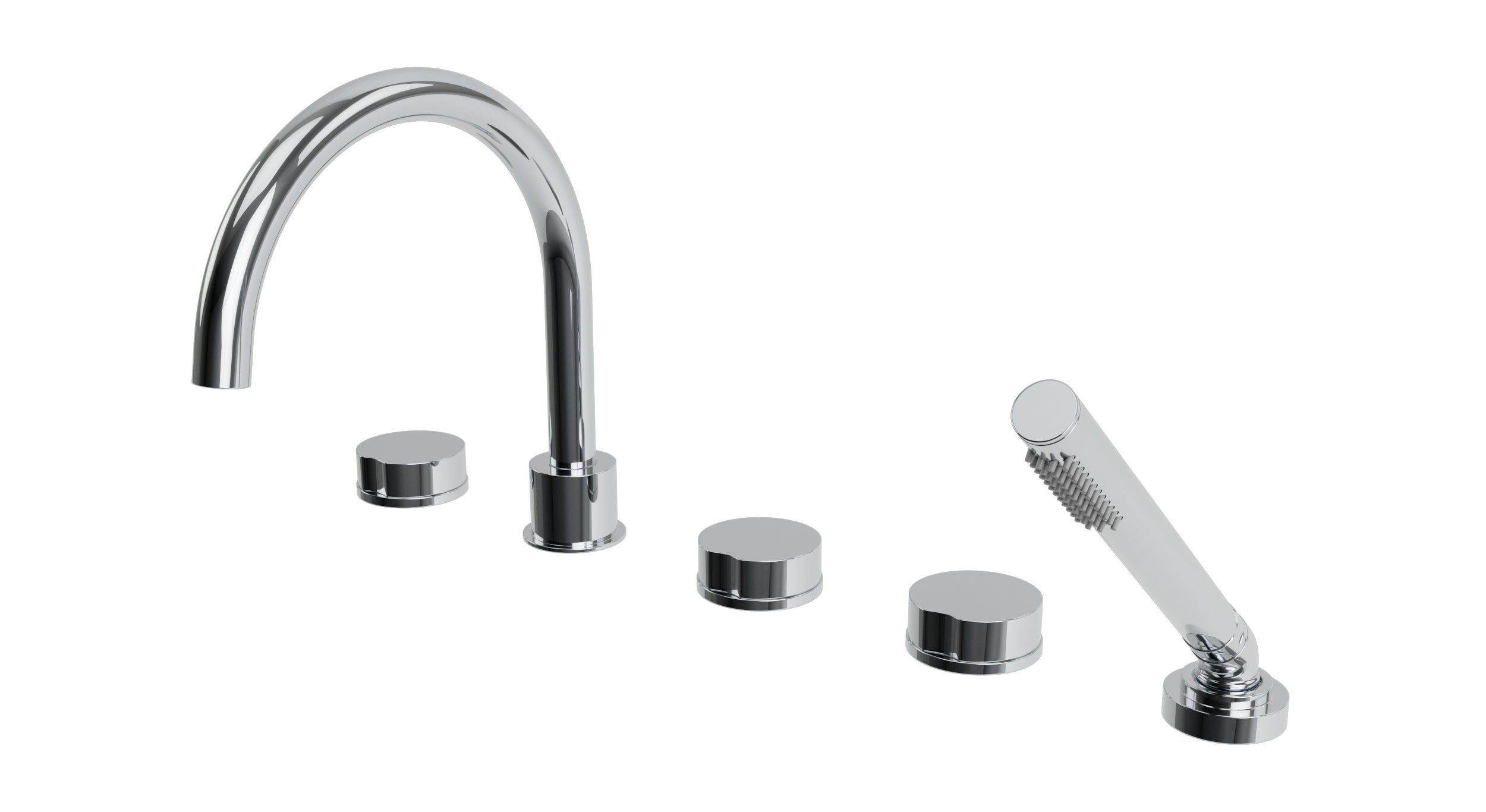 Foundry Three Handle Deck Mount Gooseneck Bath Trim with Hand Shower and Circle Knob Handles