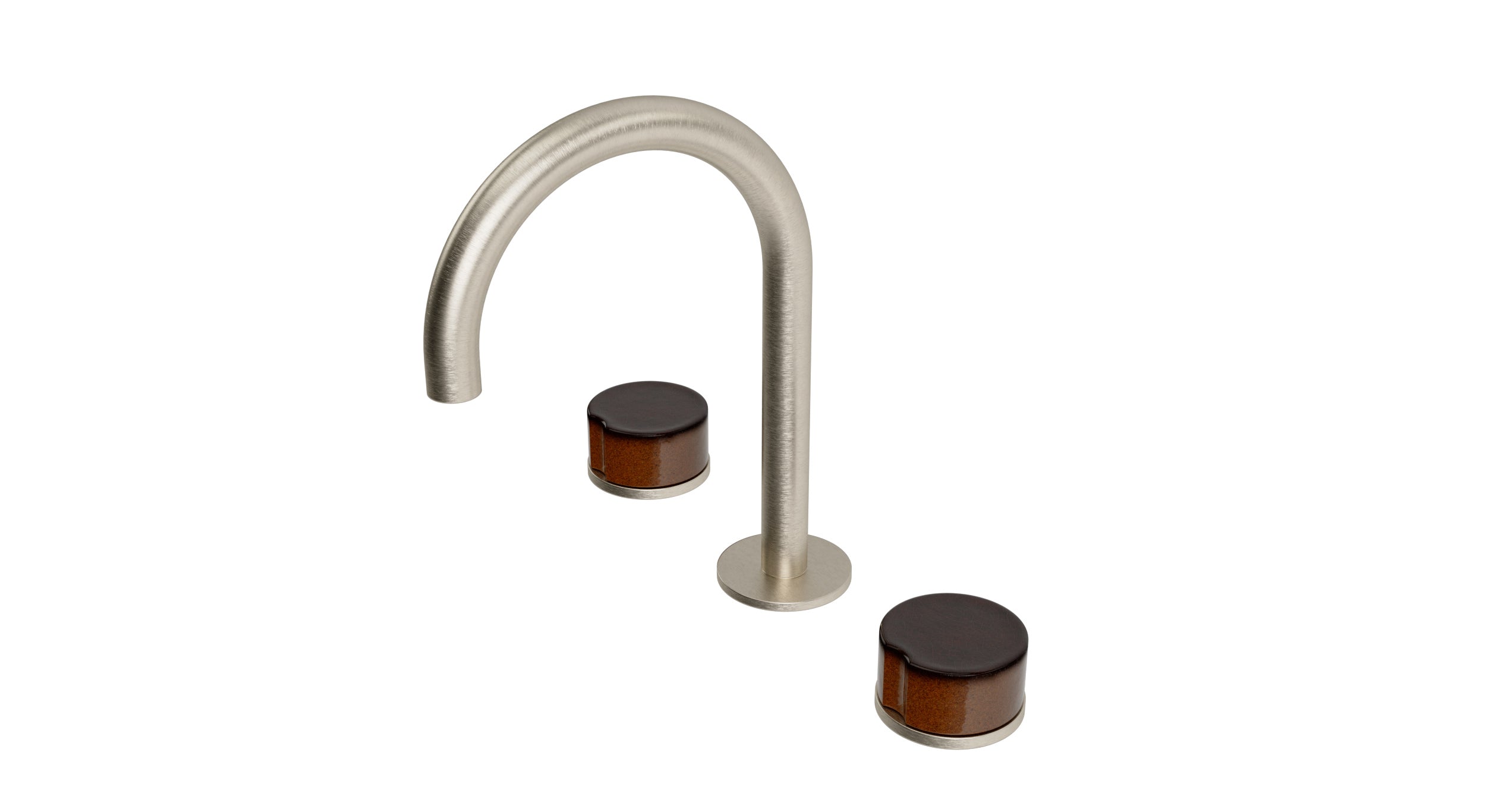 Foundry Two Handle Deck Mount Gooseneck Lavatory Faucet with Groove Ceramic Knob Handles in Satin Nickel