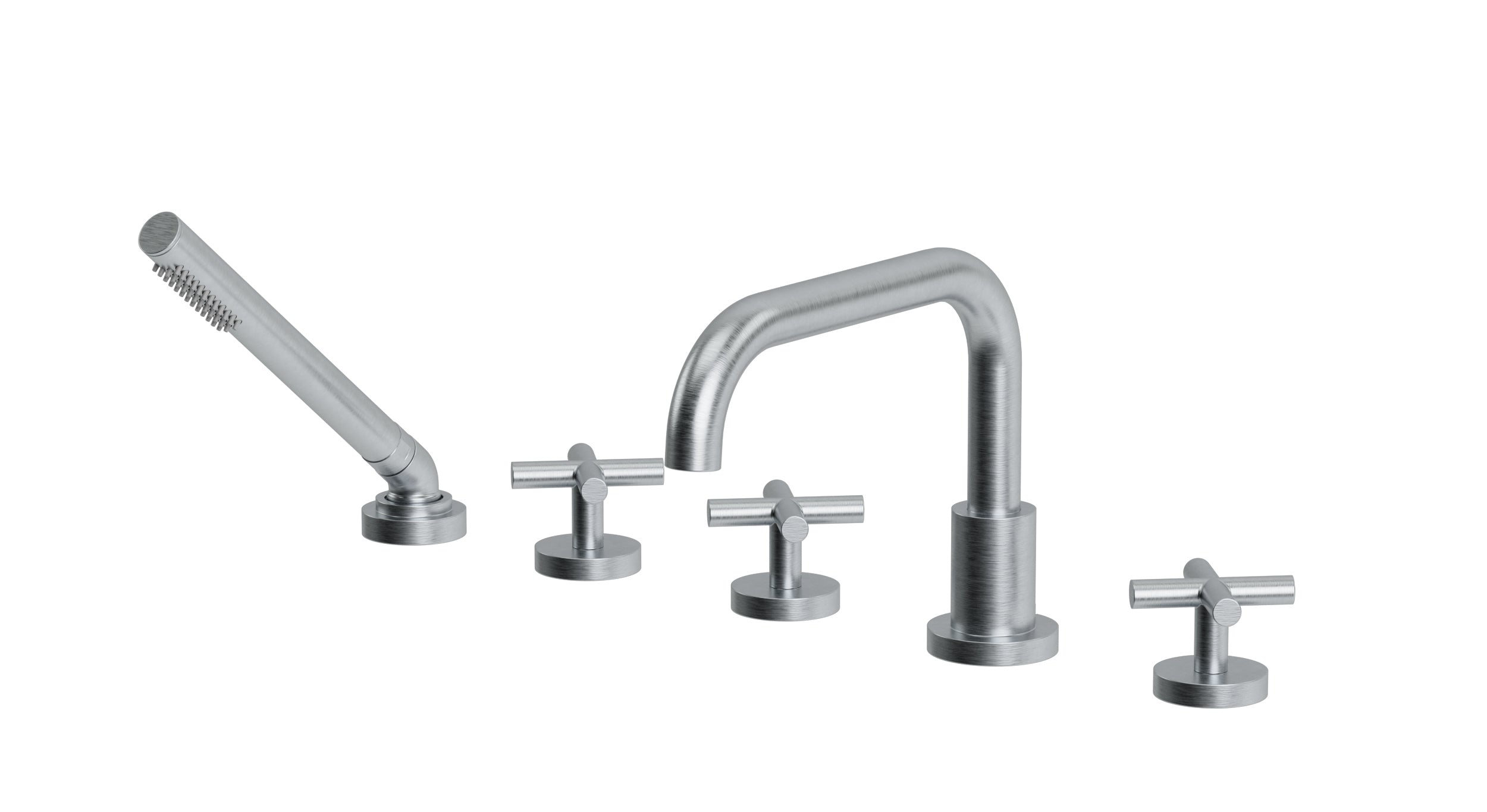 Contour Three Handle Deck Mount Squaretop Bath Trim with Hand Shower and Soft Cross Handles in Satin Chrome