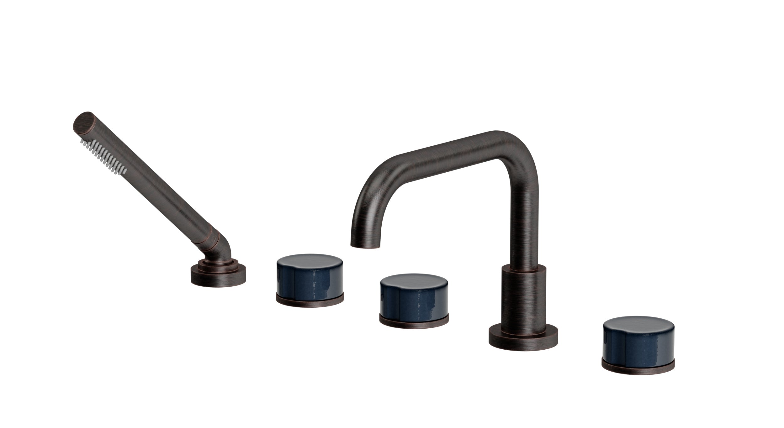 Foundry Three Handle Deck Mount Squaretop Bath Trim with Hand Shower and Groove Ceramic Knob Handles in Antique Bronze