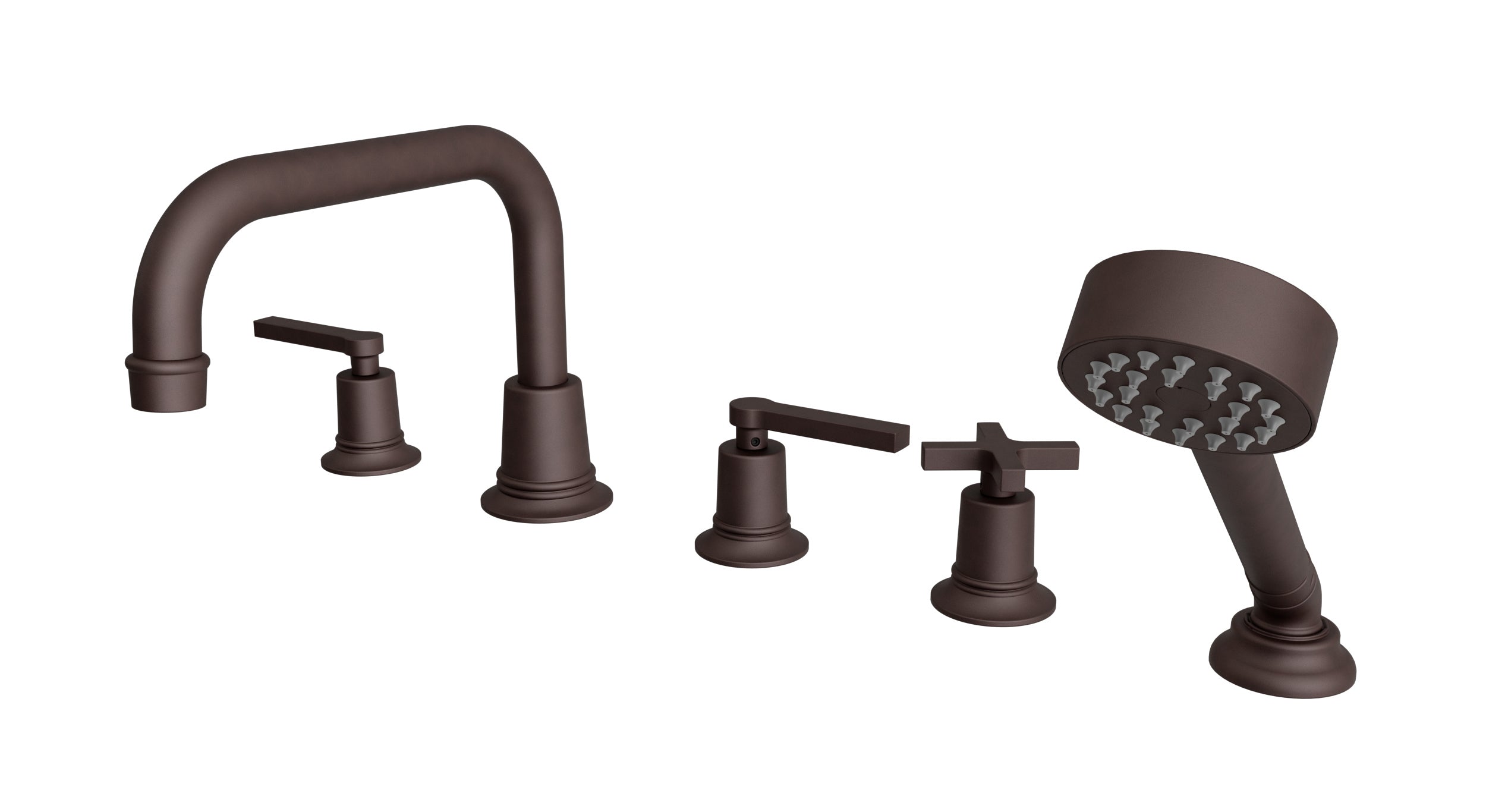 Emerson Three Handle Deck Mount Squaretop Bath Trim with Hand Shower and Classic Cross/Classic Lever Handles in Architectural Copper