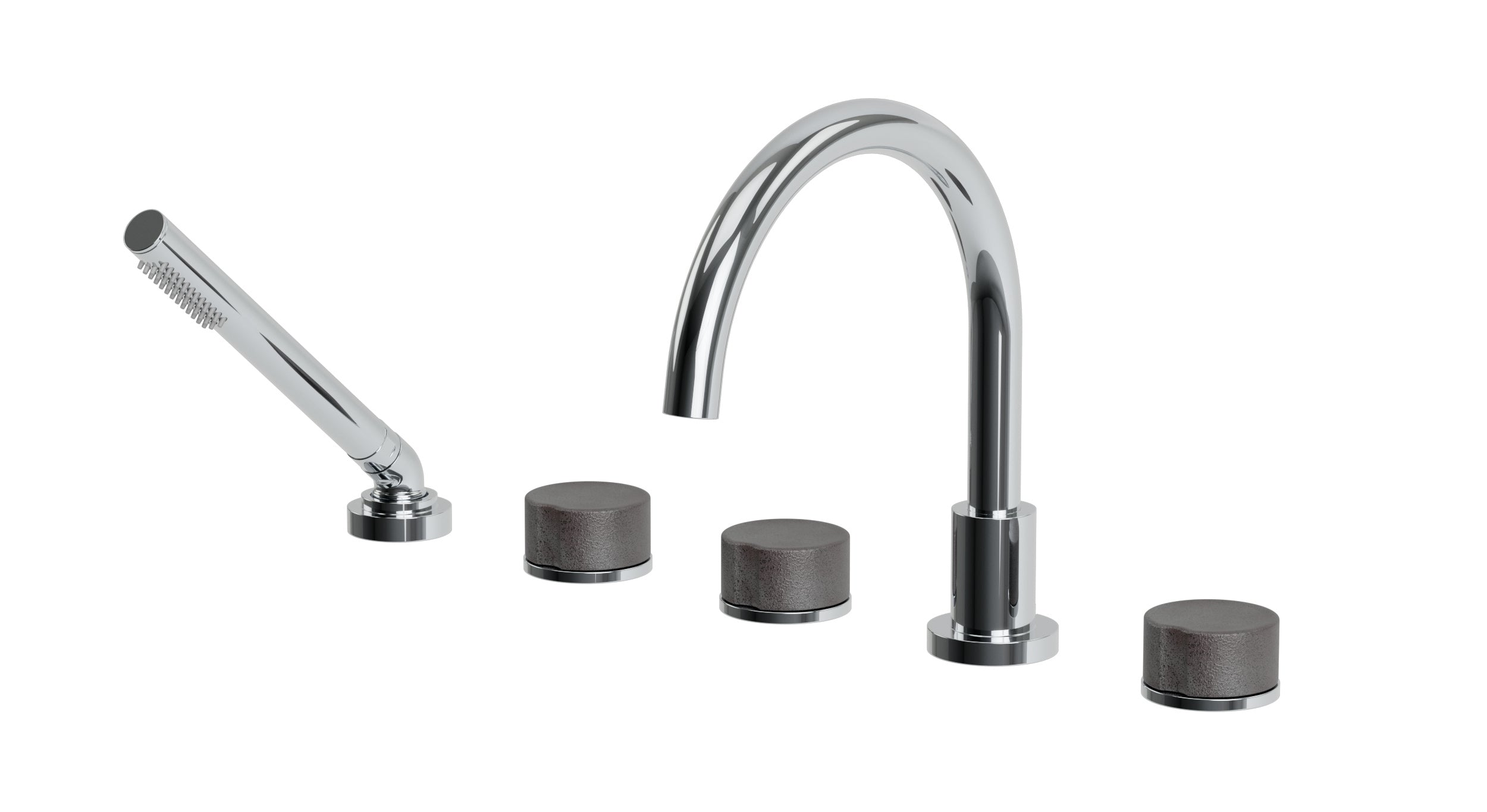 Foundry Three Handle Deck Mount Gooseneck Bath Trim with Hand Shower and Groove Ceramic Knob Handles in Polished Chrome