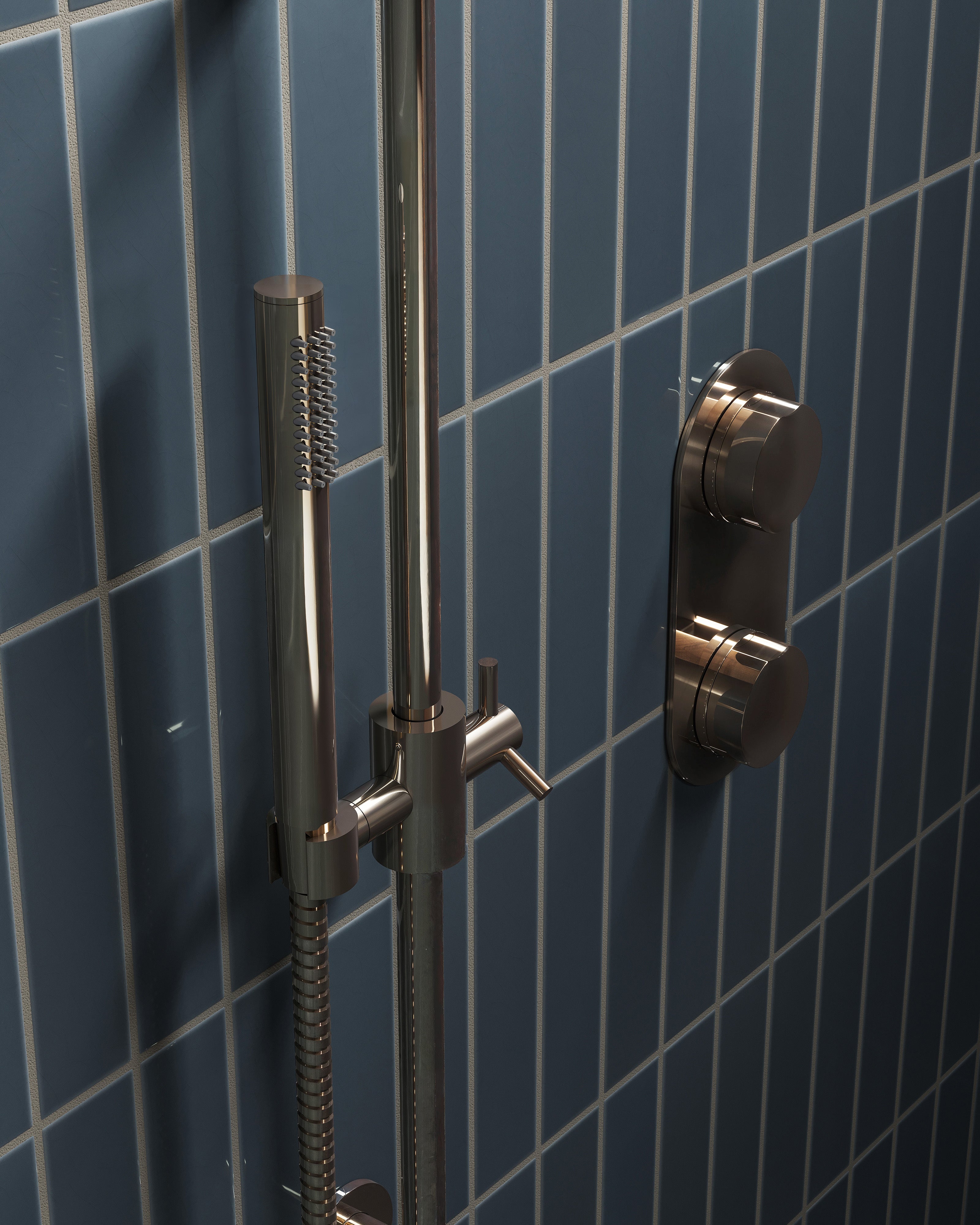 Foundry Two Handle Wall Mount Shower Trim with Barrel Knob Handles in Polished Nickel