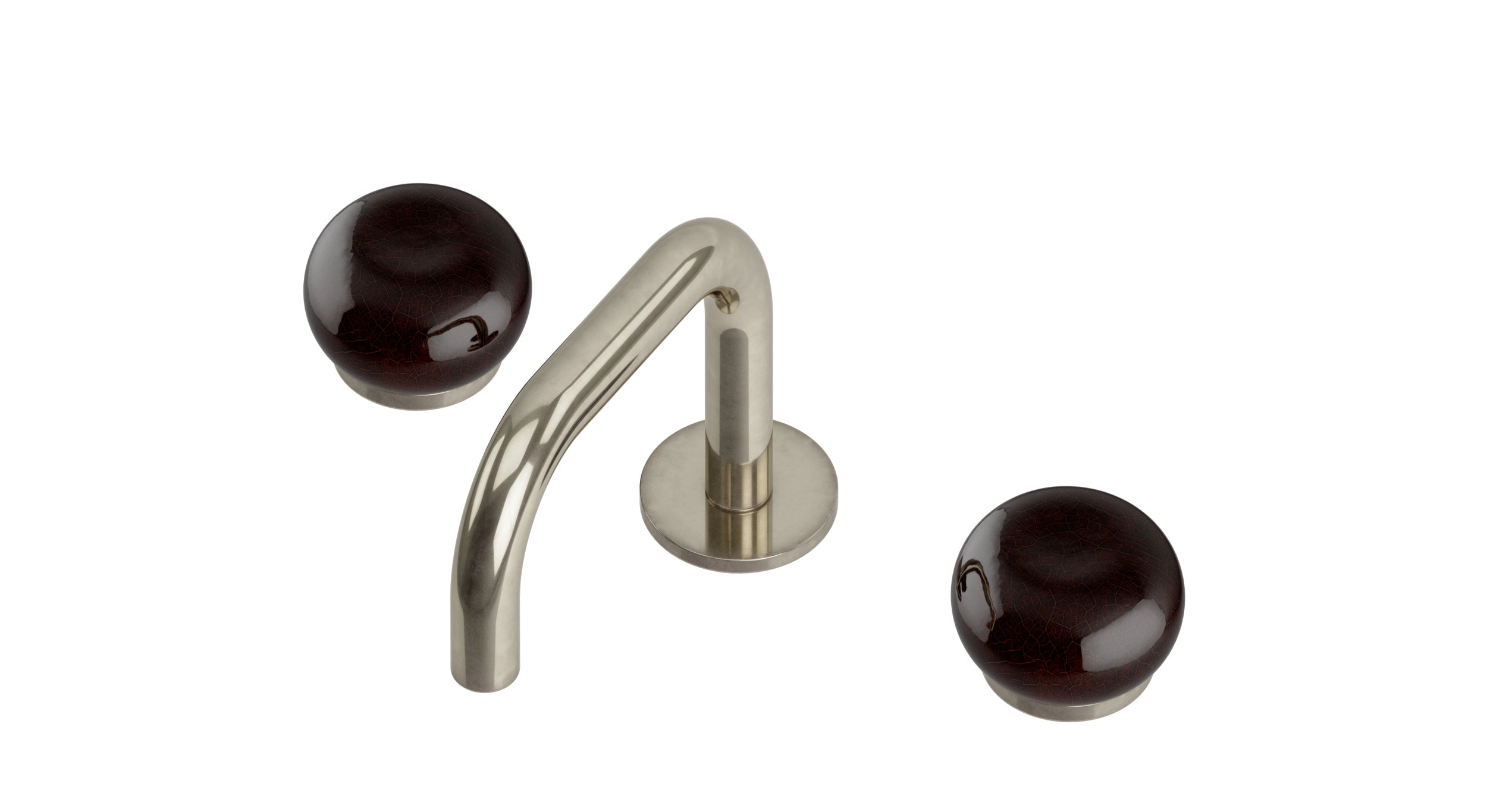 Foundry Two Handle Deck Mount Squaretop Lavatory Faucet with Pebble Ceramic Knob Handles in French Nickel
