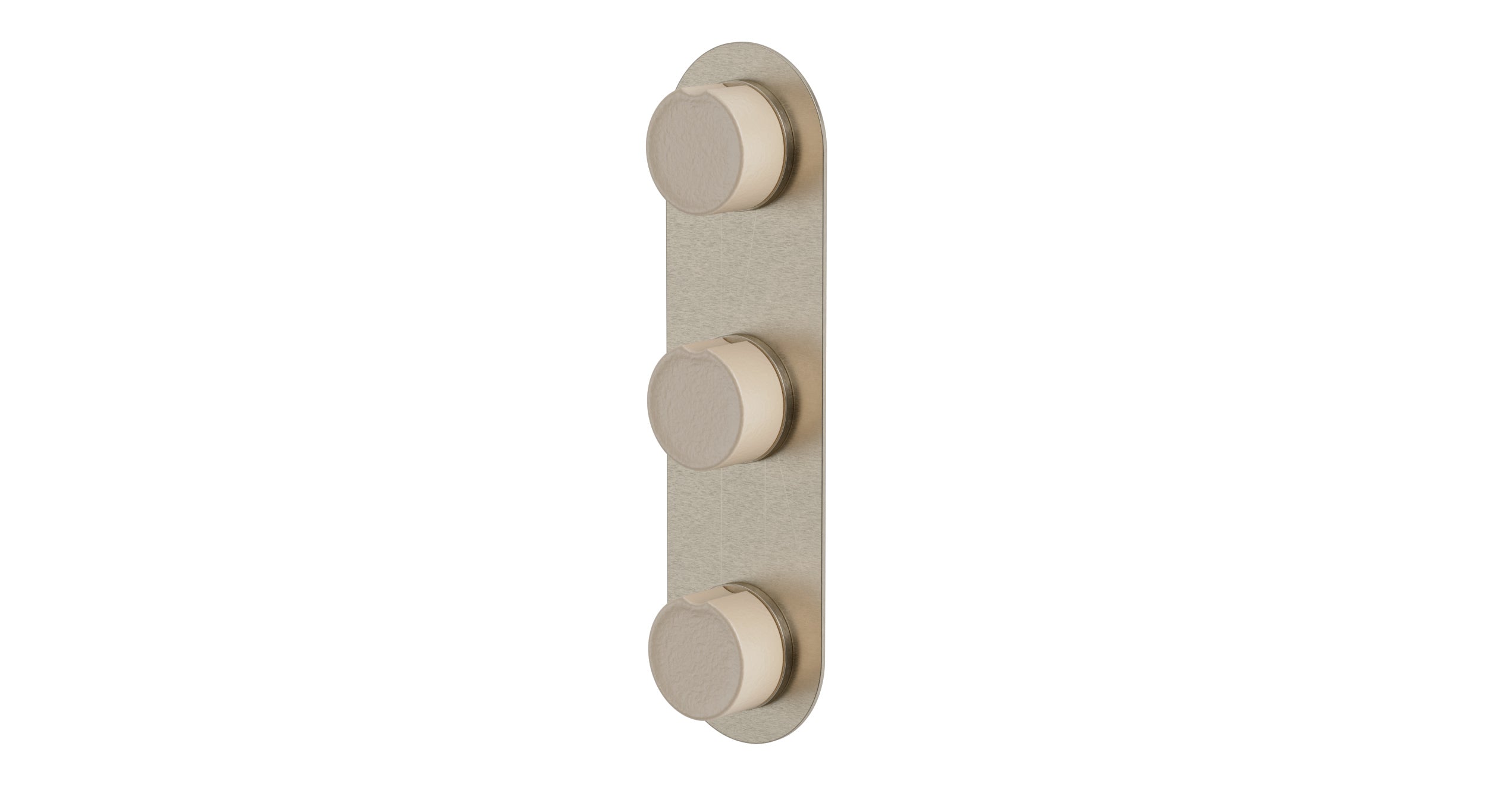 Foundry Three Handle Wall Mount Shower Trim with Groove Ceramic Knob Handles in Satin Nickel
