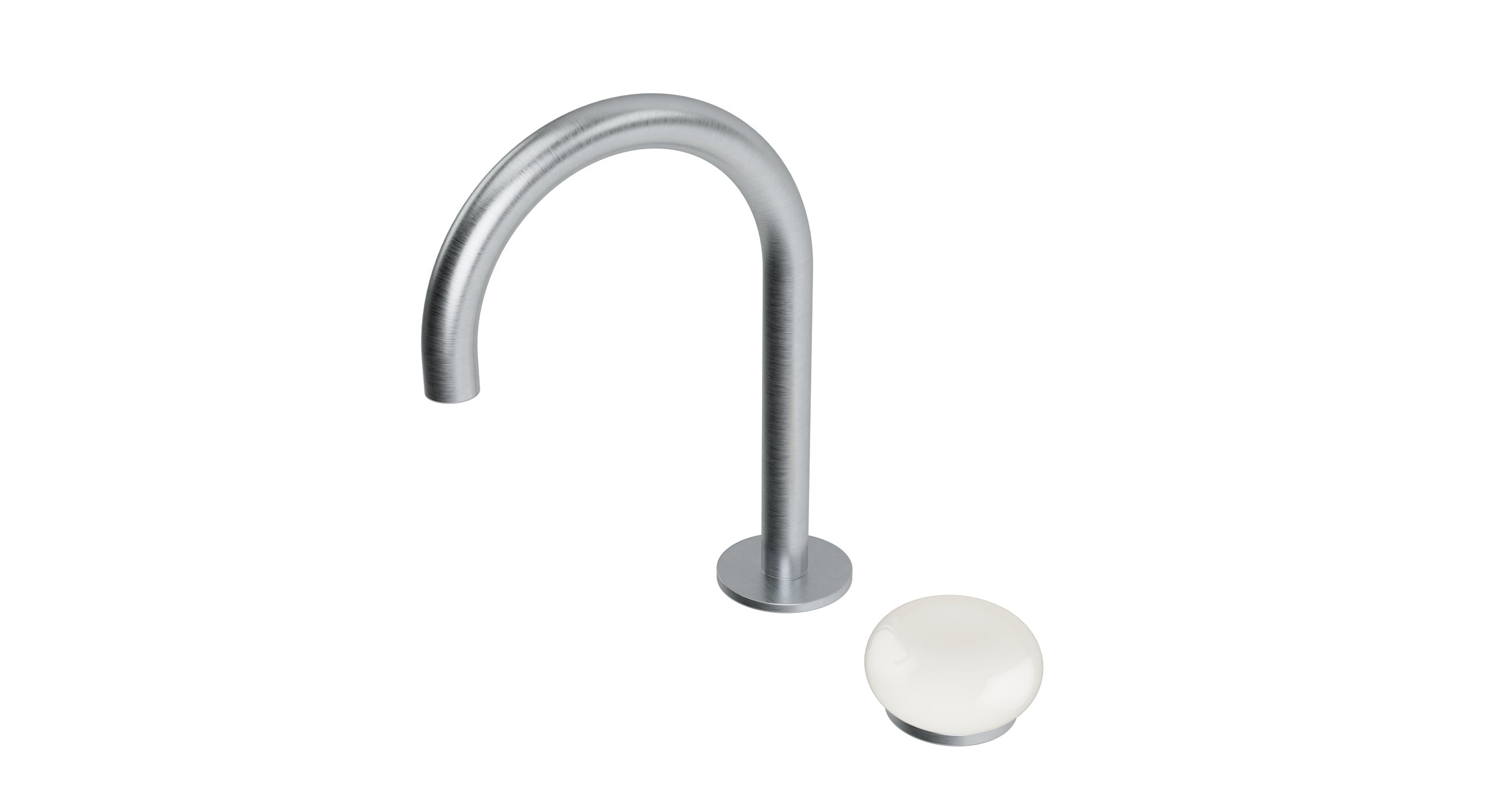 Foundry One Handle Deck Mount Gooseneck Lavatory Faucet with Pebble Ceramic Knob Handle in Satin Chrome