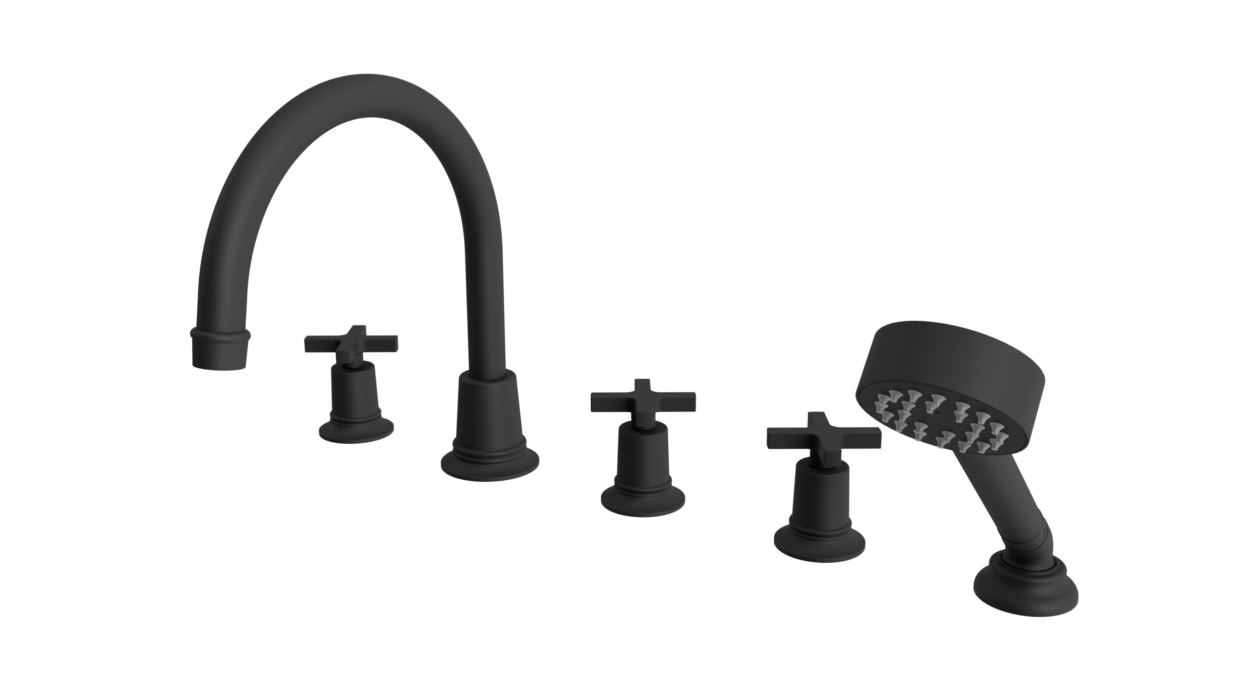 Emerson Three Handle Deck Mount Gooseneck Bath Trim with Hand Shower and Classic Cross Handles in Matte Black
