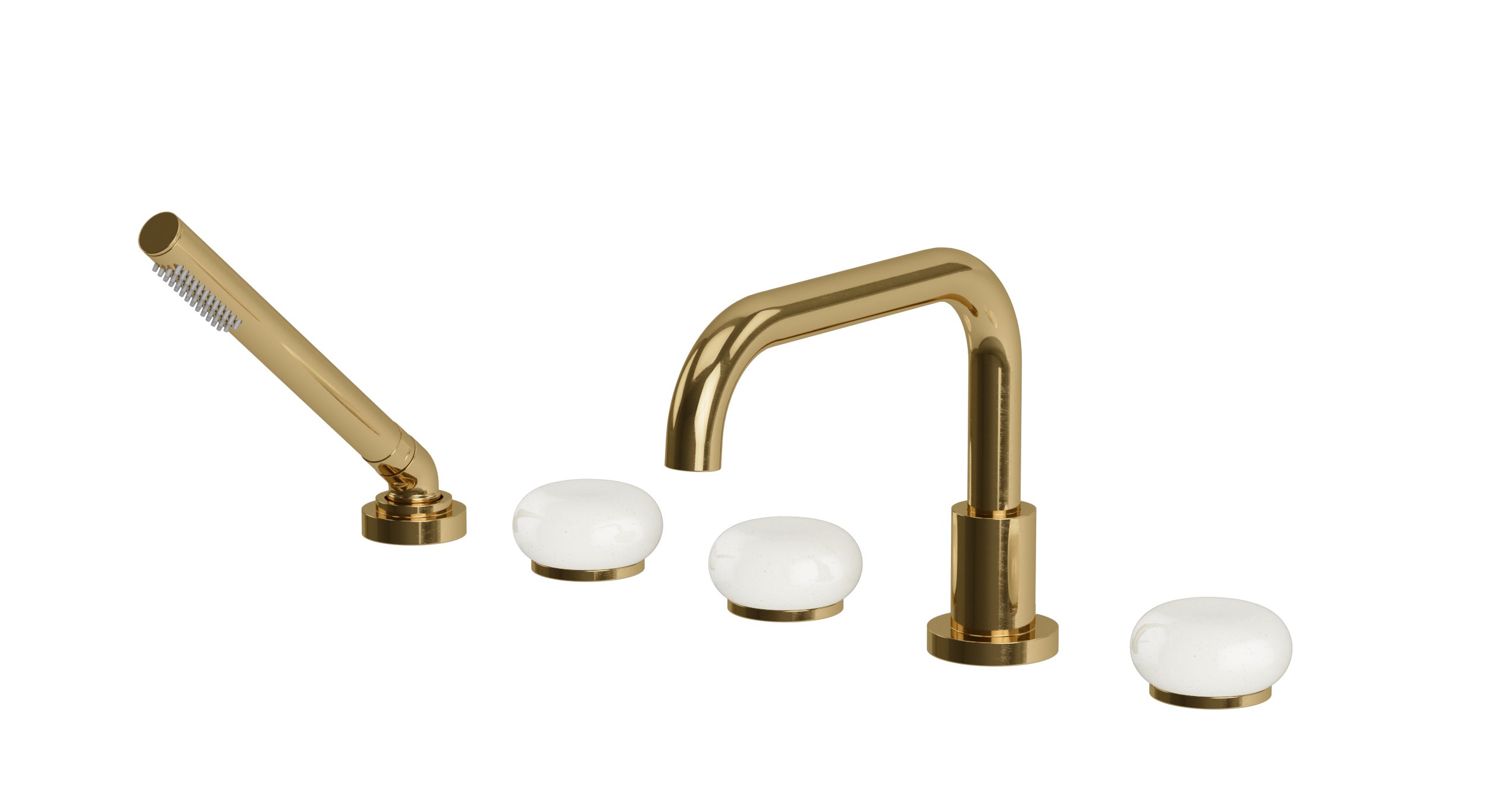 Foundry Three Handle Deck Mount Squaretop Bath Trim with Hand Shower and Pebble Ceramic Knob Handles in Uncoated Polished Brass