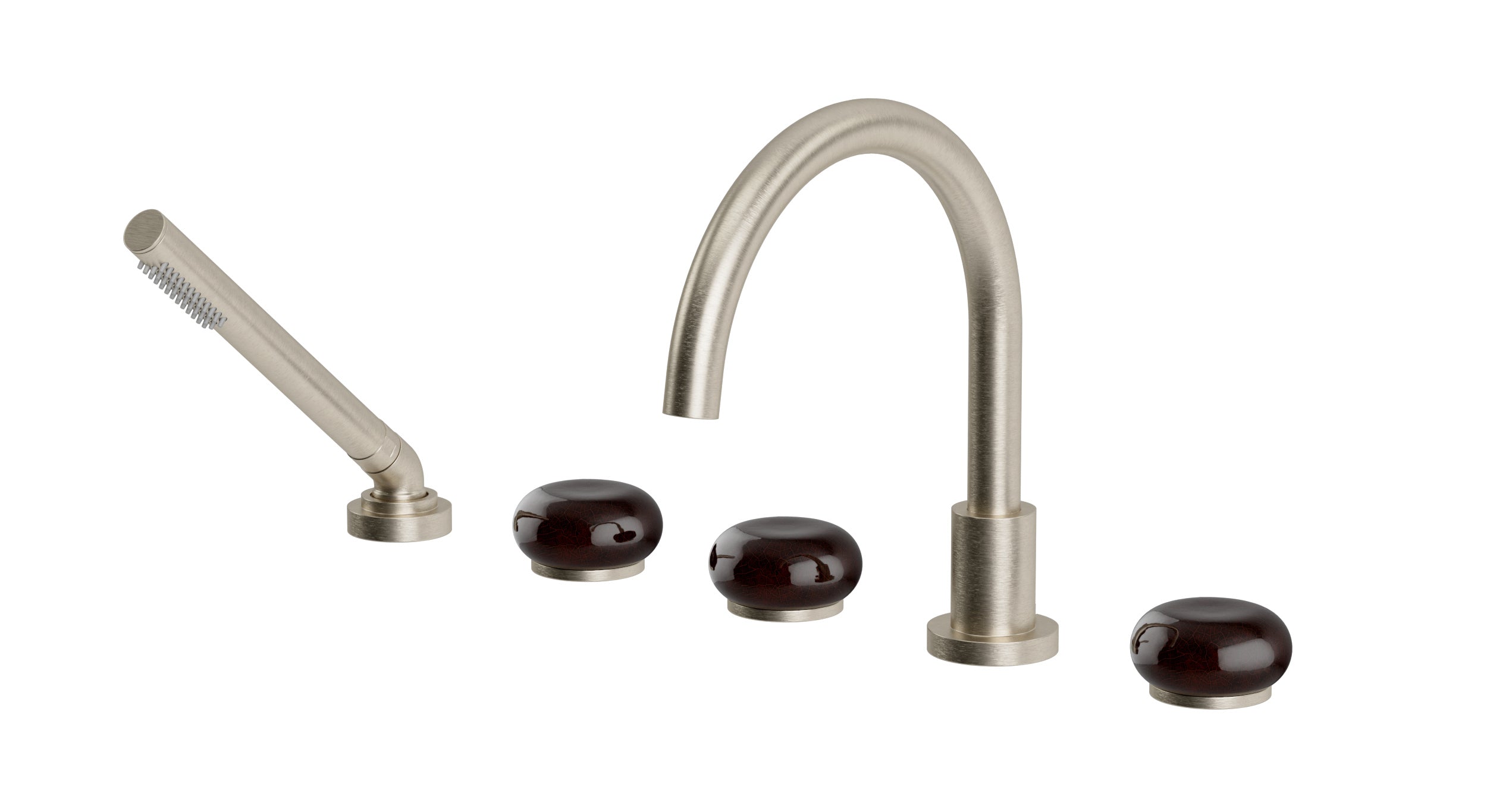 Foundry Three Handle Deck Mount Gooseneck Bath Trim with Hand Shower and Pebble Ceramic Knob Handles in Satin Nickel