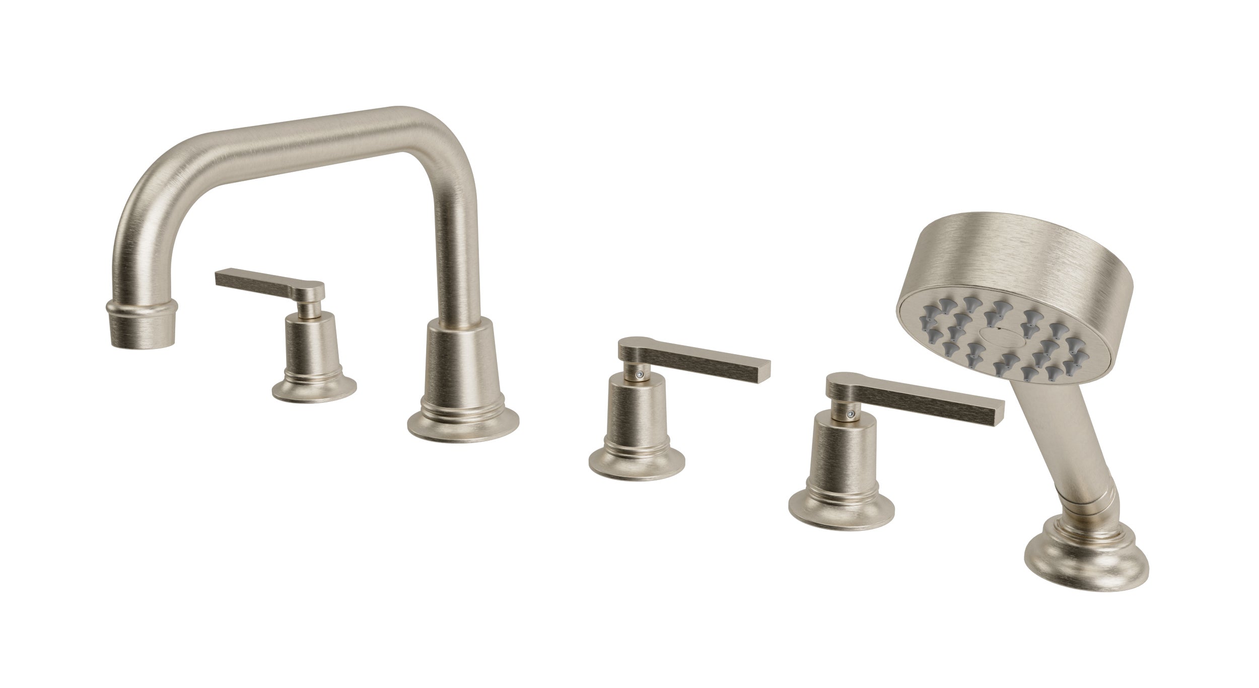 Emerson Three Handle Deck Mount Squaretop Bath Trim with Hand Shower and Classic Lever Handles in Satin Nickel
