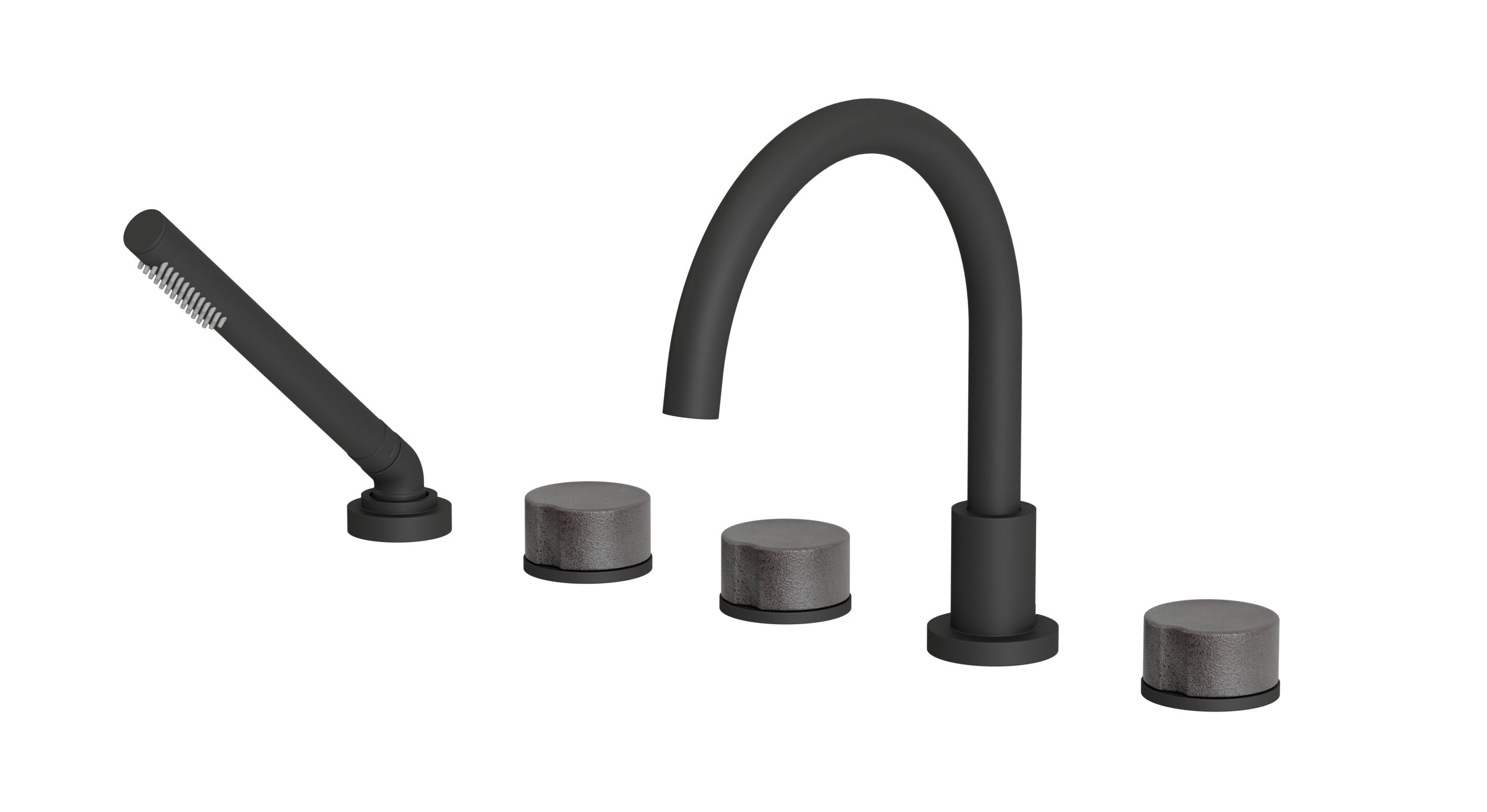 Foundry Three Handle Deck Mount Gooseneck Bath Trim with Hand Shower and Groove Ceramic Knob Handles in Matte Black