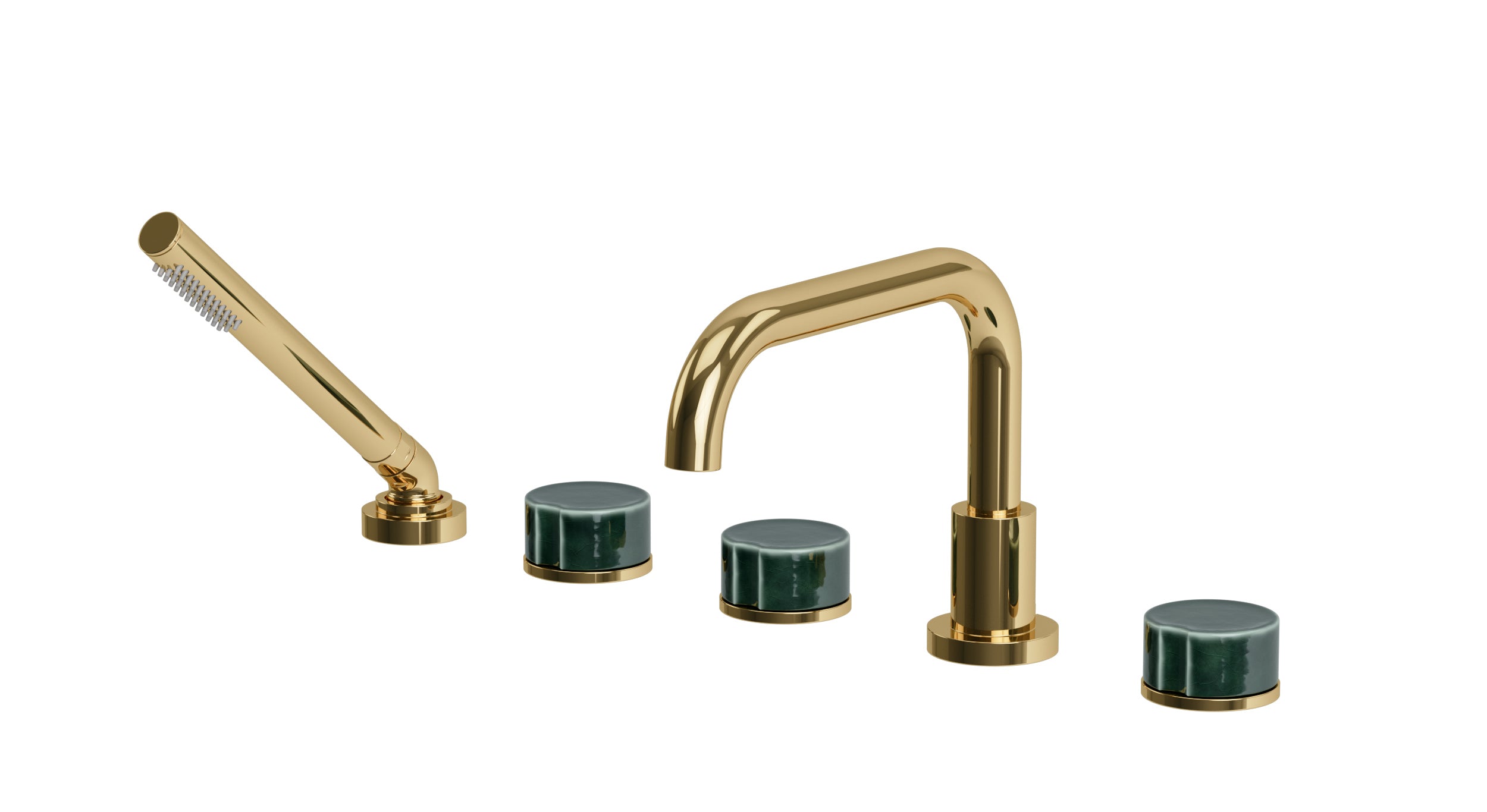 Foundry Three Handle Deck Mount Squaretop Bath Trim with Hand Shower and Groove Ceramic Knob Handles in Polished Brass