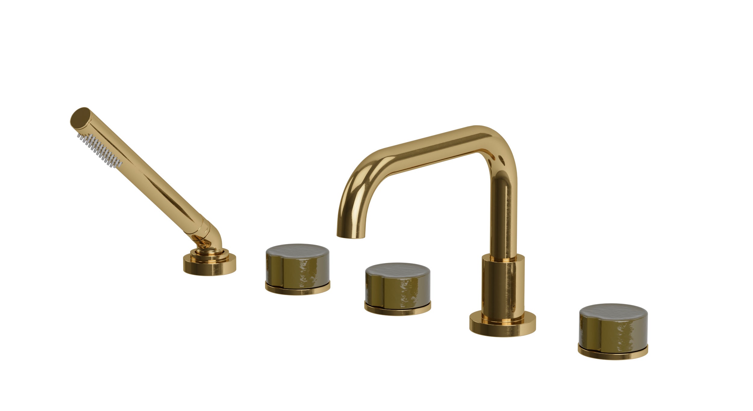 Foundry Three Handle Deck Mount Squaretop Bath Trim with Hand Shower and Groove Ceramic Knob Handles in Uncoated Polished Brass