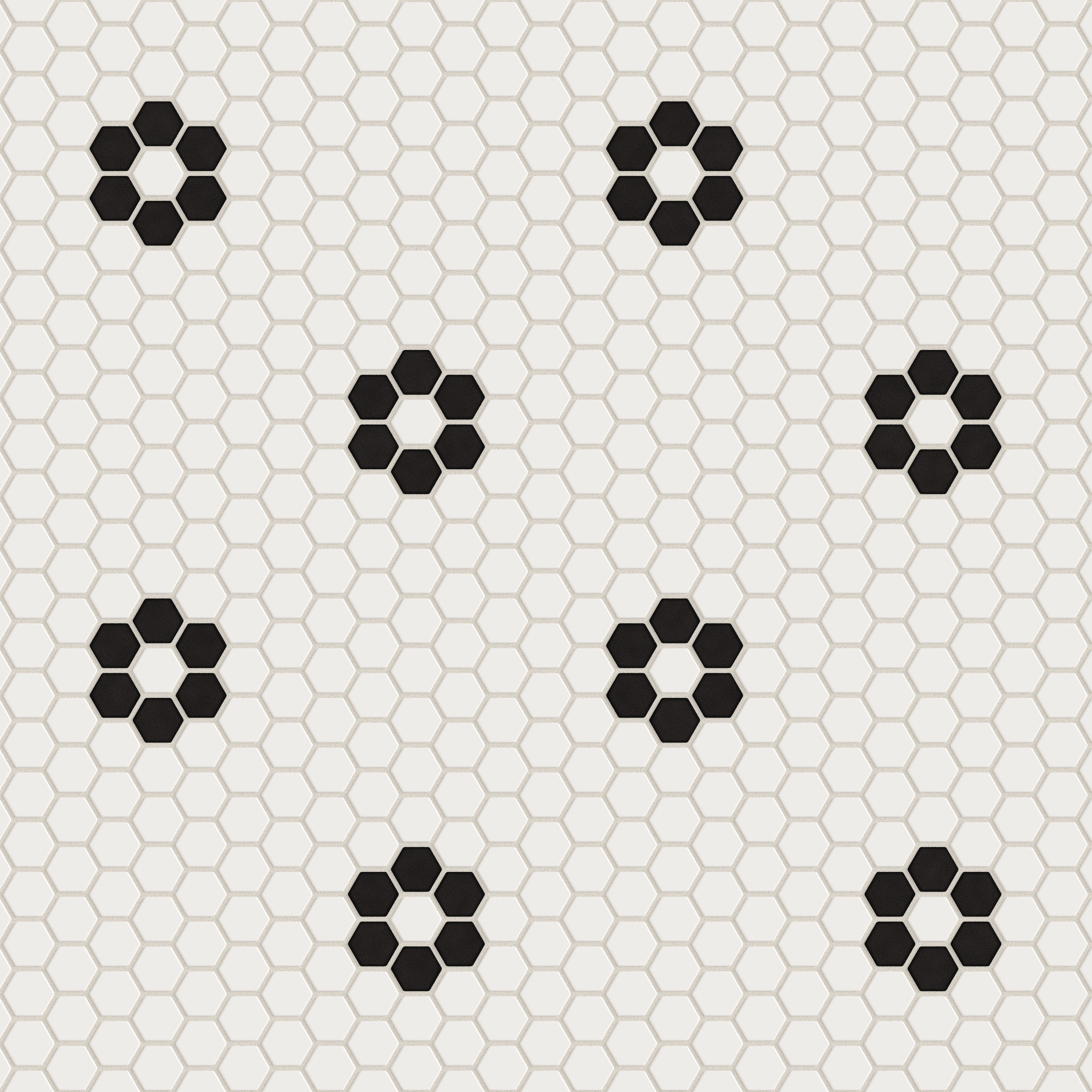 1" Hexagon Double Daisy Sheeted Original Ceramic Tile in Calcite Matte & Raven Matte