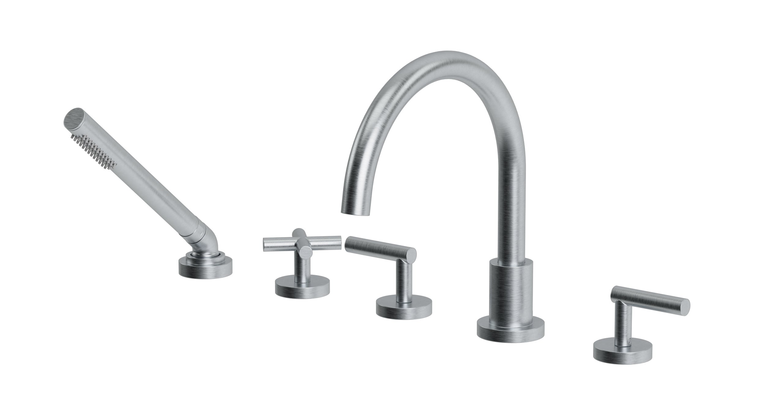 Contour Three Handle Deck Mount Gooseneck Bath Trim with Hand Shower and Soft Cross/Soft Lever Handles in Satin Chrome