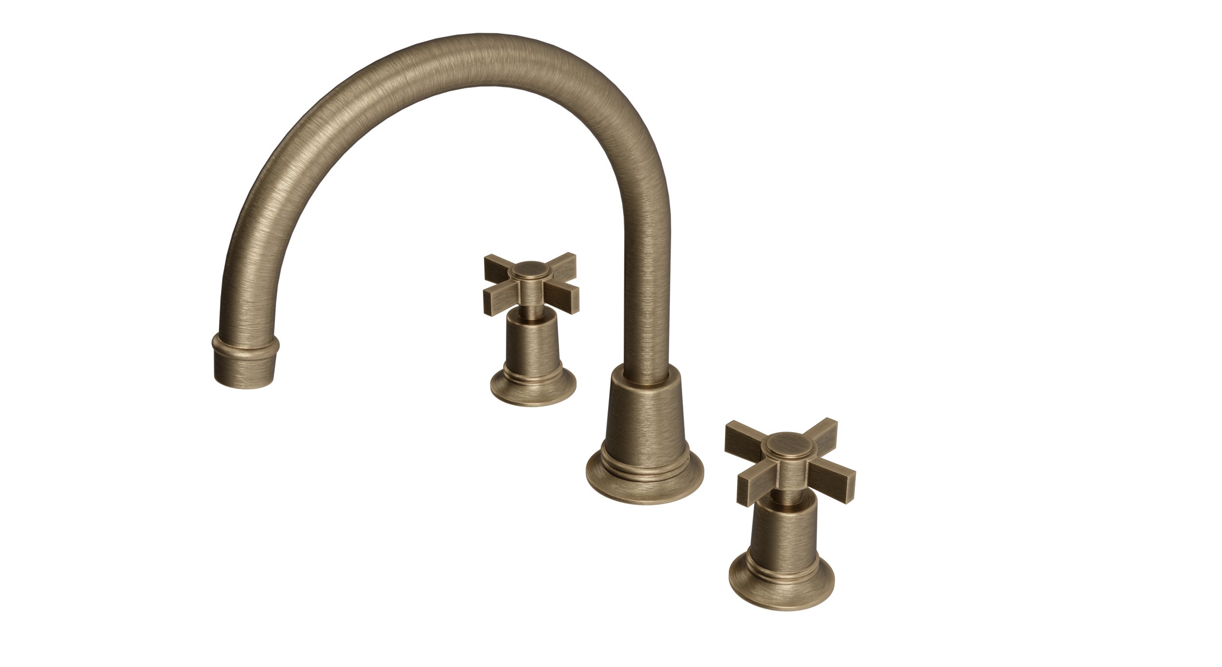 Emerson Two Handle Deck Mount Gooseneck Bath Trim with Defined Cross Handles in Antique Brass