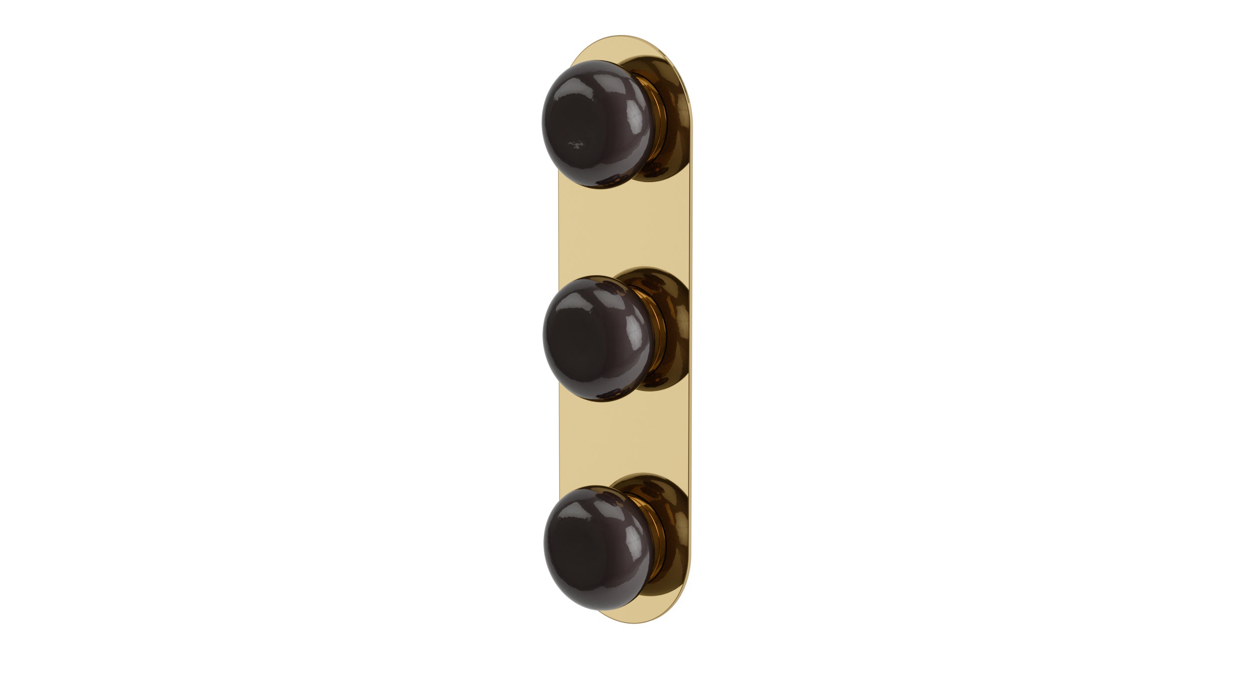 Foundry Three Handle Wall Mount Shower Trim with Pebble Ceramic Knob Handles in Polished Brass