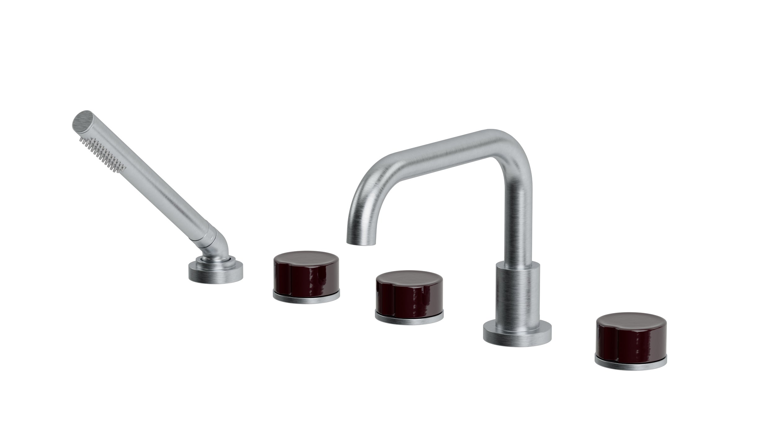 Foundry Three Handle Deck Mount Squaretop Bath Trim with Hand Shower and Groove Ceramic Knob Handles in Satin Chrome