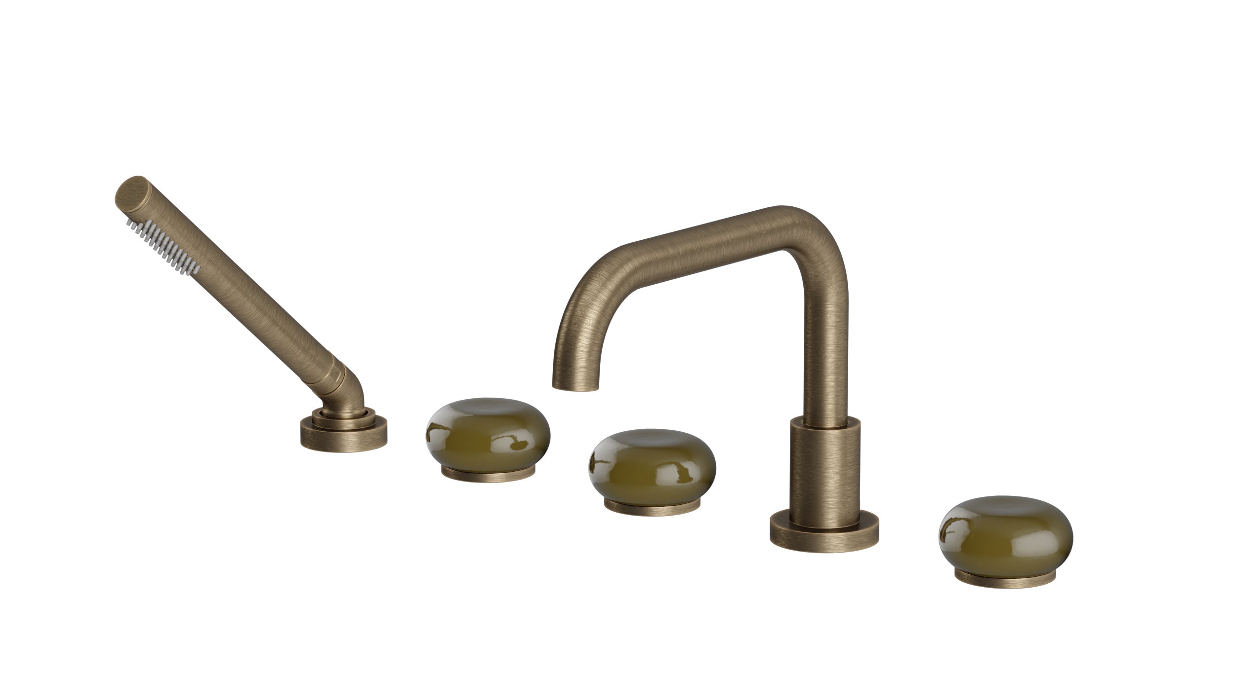 Foundry Three Handle Deck Mount Squaretop Bath Trim with Hand Shower and Pebble Ceramic Knob Handles in Antique Brass