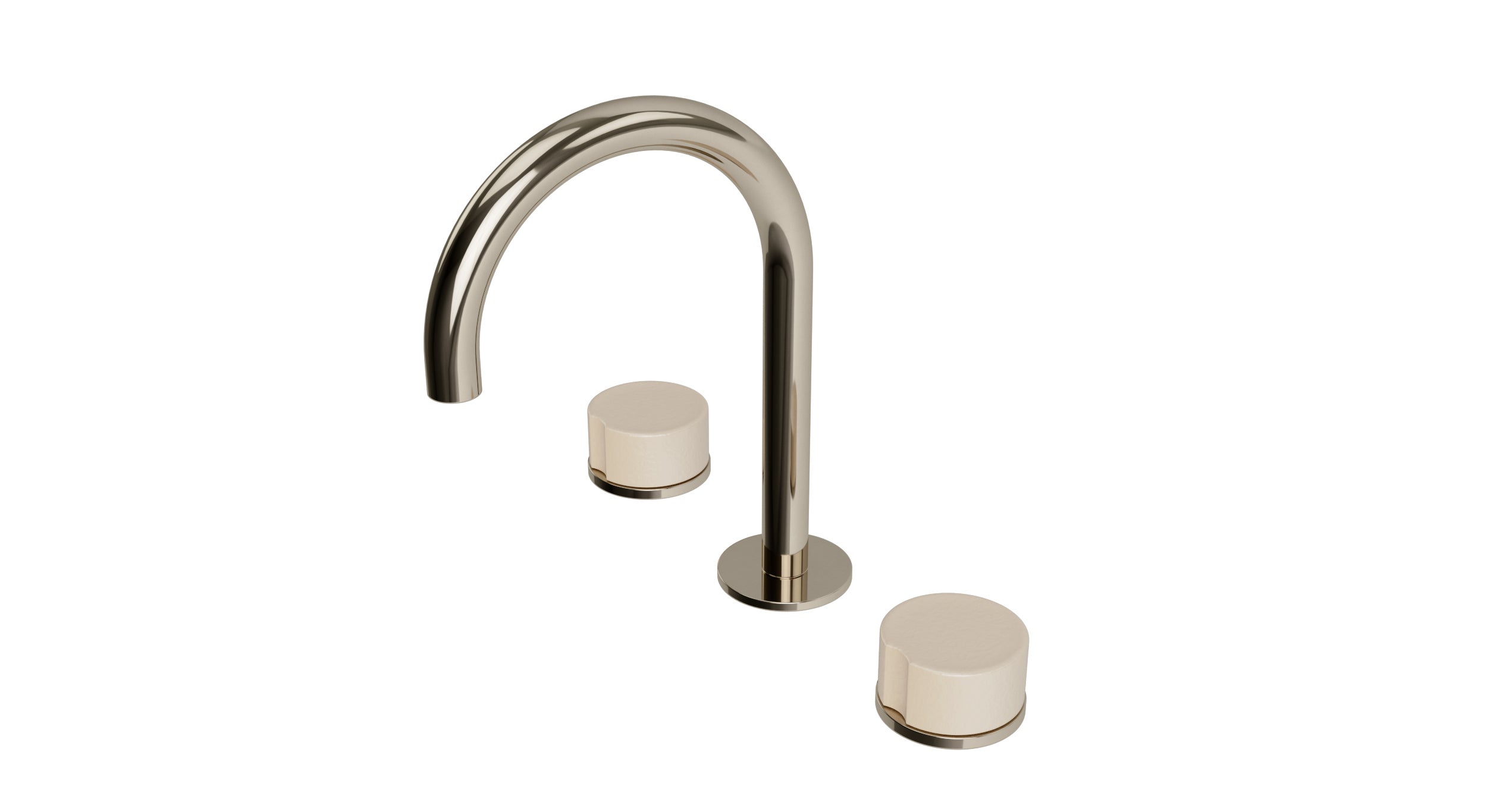 Foundry Two Handle Deck Mount Gooseneck Lavatory Faucet with Groove Ceramic Knob Handles in Polished Nickel