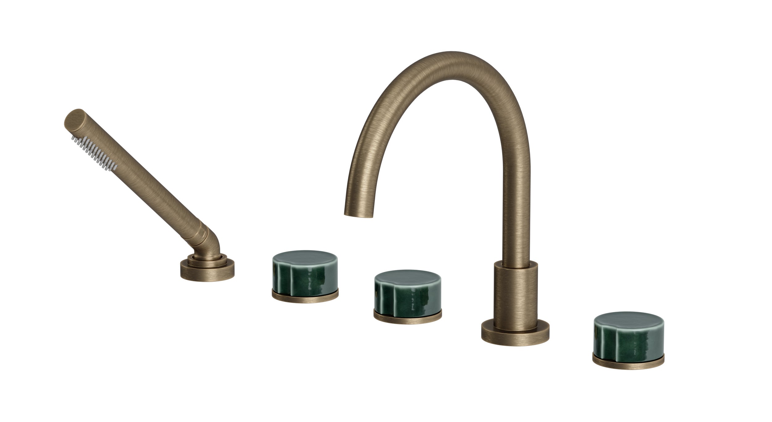 Foundry Three Handle Deck Mount Gooseneck Bath Trim with Hand Shower and Groove Ceramic Knob Handles in Antique Brass