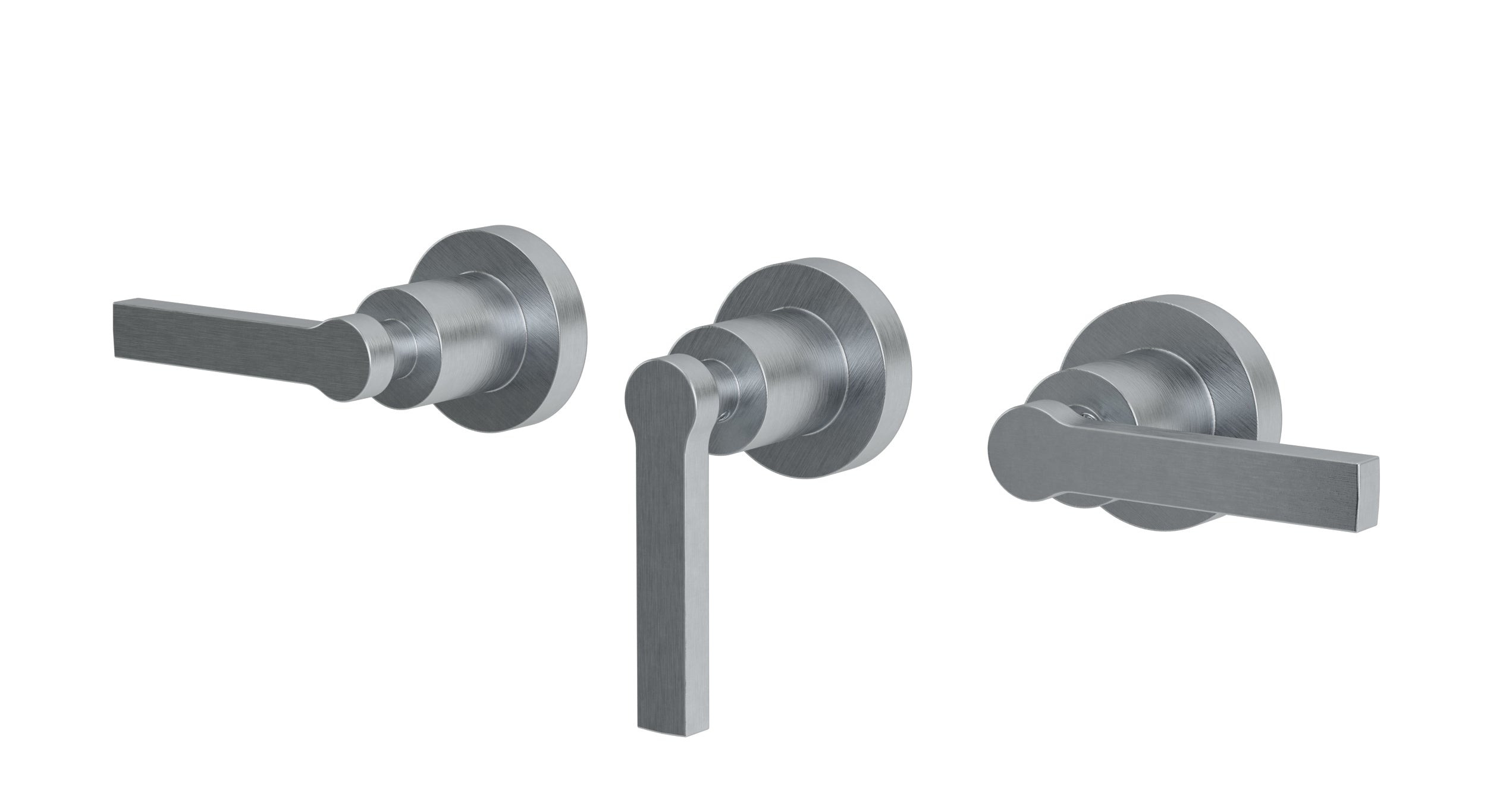 Flatiron Three Handle Wall Mount Bath Trim with Linear Lever Handles in Satin Chrome