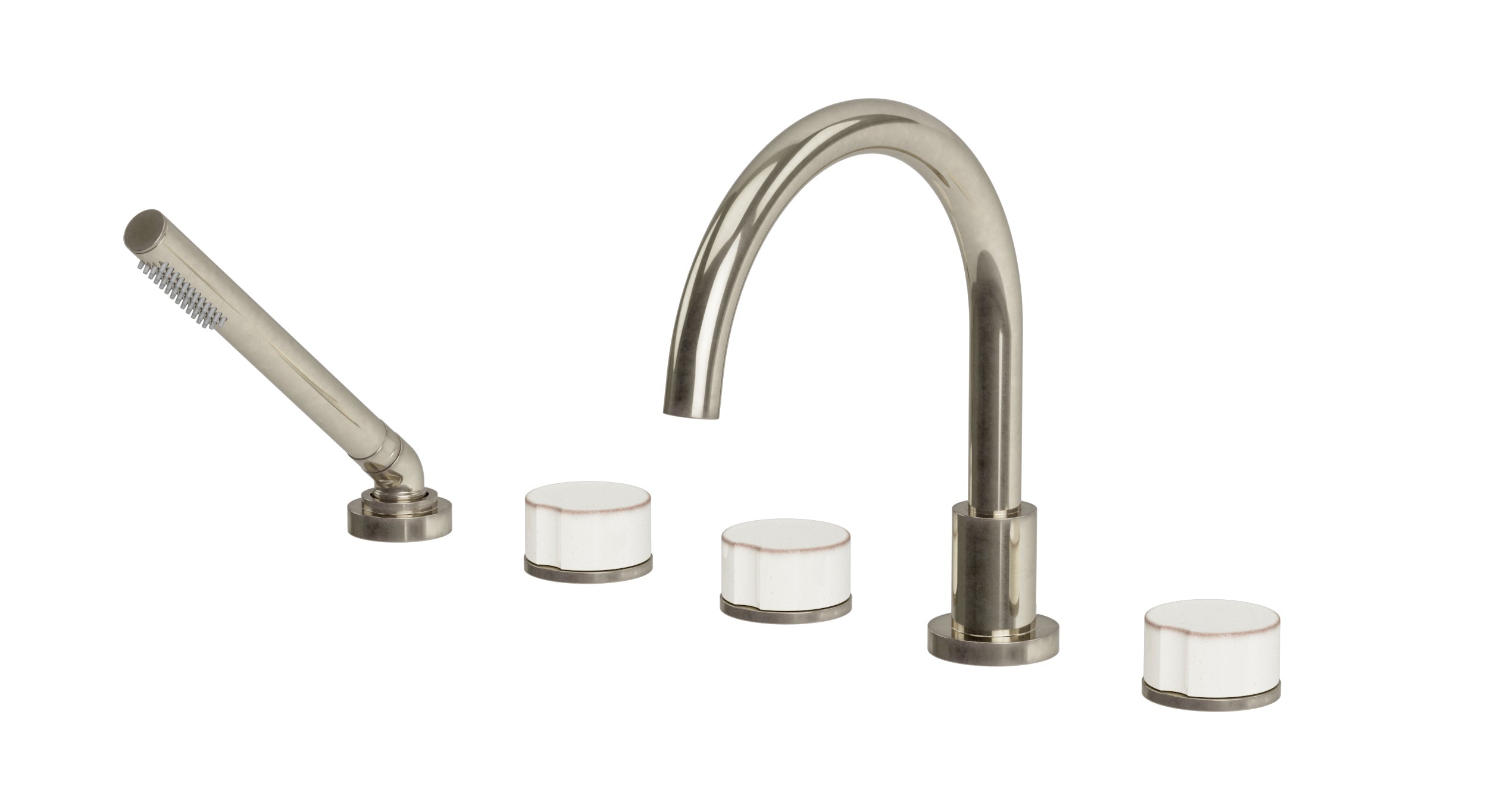 Foundry Three Handle Deck Mount Gooseneck Bath Trim with Hand Shower and Groove Ceramic Knob Handles in French Nickel