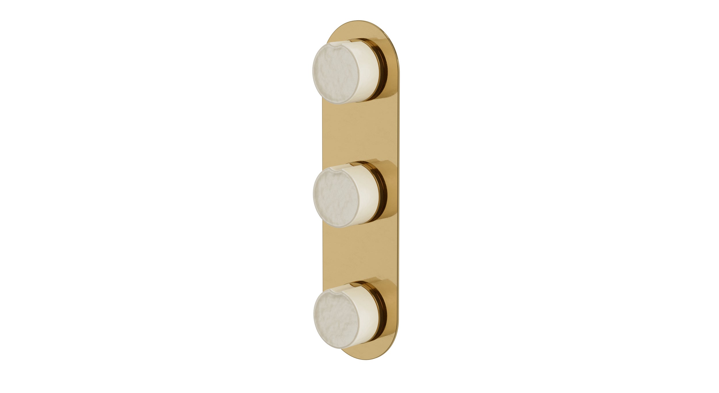 Foundry Three Handle Wall Mount Shower Trim with Groove Ceramic Knob Handles in Uncoated Polished Brass