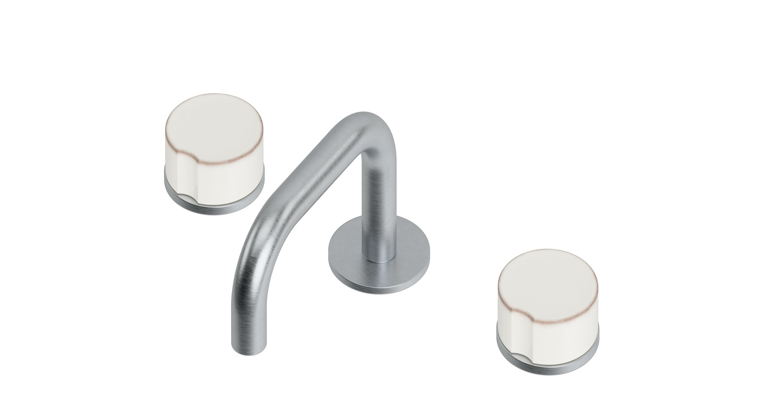 Foundry Two Handle Deck Mount Squaretop Lavatory Faucet with Groove Ceramic Knob Handles in Satin Chrome